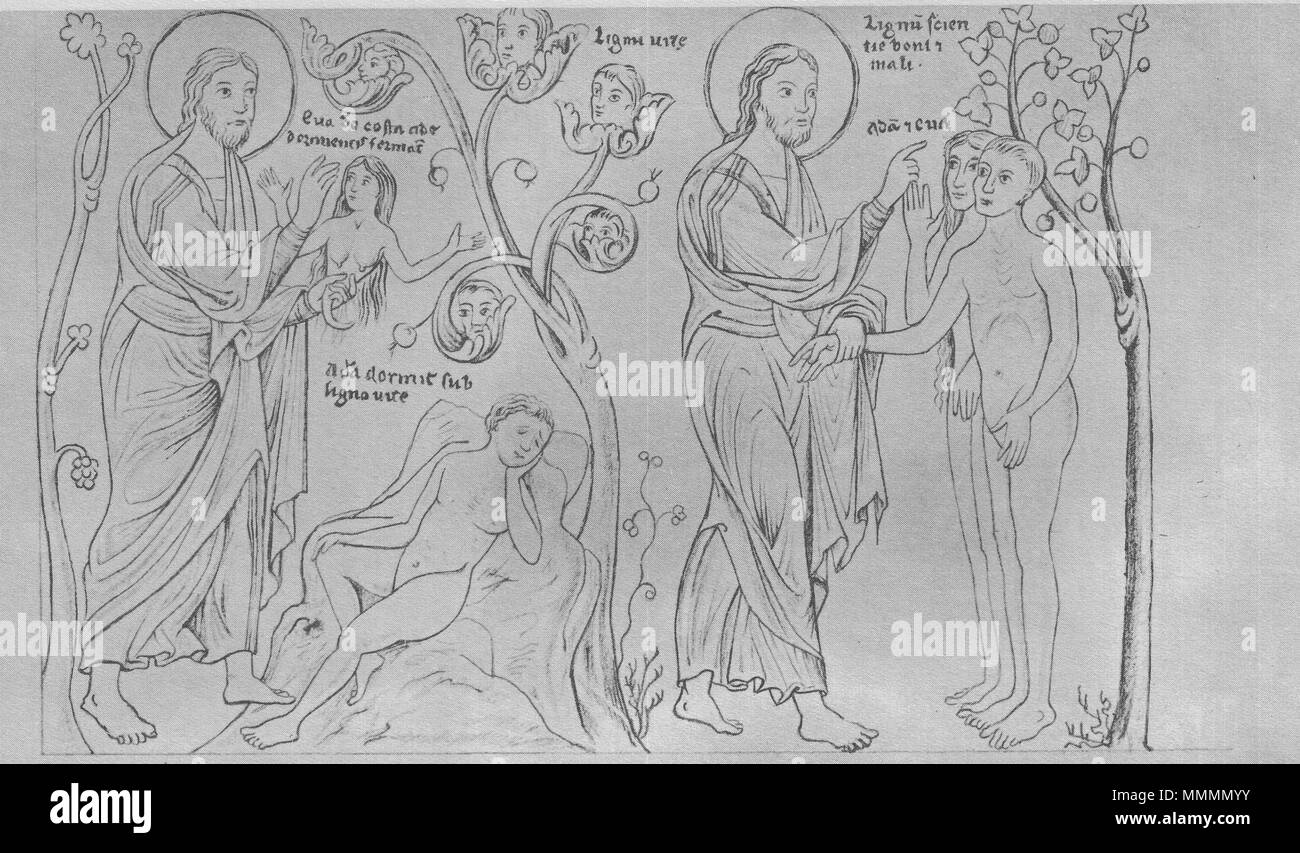 Hortus Deliciarum, Die Erschaffung Evas und das Verbot, vom Baum der Erkenntnis des Guten und Bösen zu essen Stock Photo