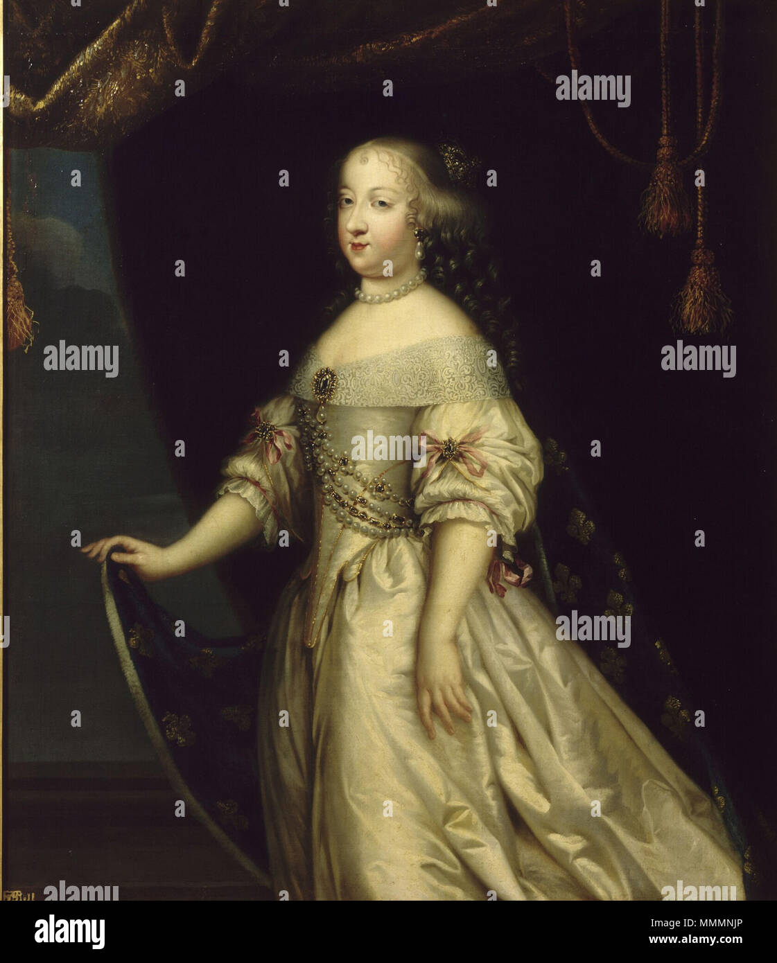 Portrait of Queen Marie Thérèse of France in white wearing Fleur-de-lis