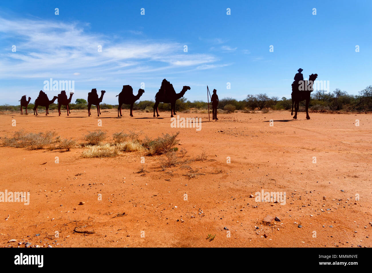 Figures of a Camel train, replicating the gold rush in the 1800's, Cue, Eastern Goldfields, Western Australia Stock Photo