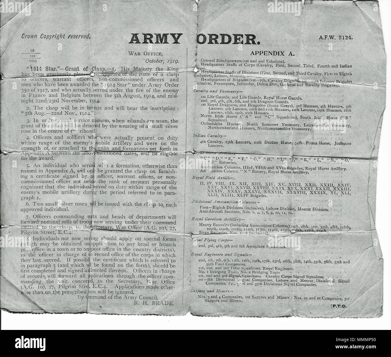 . This Army Order was issued in October 1919 and outlined the criteria for the addition of the 'clasp' to the 1914-1915 Star which was awarded in 1917. Basically it listed the men and units who could wear the clasp, these were members of the BEF who went to France in 1914 and were under fire between 5th August and 22nd November 1914. The men who wore the clasp were the 'Old Contemptibles', the name given to the BEF by the Kaiser when he called it 'A Contemptible little Army'. As the Kaiser was a Field Marshall in the British Army at the time, that was quite rude. See link for the other side of Stock Photo