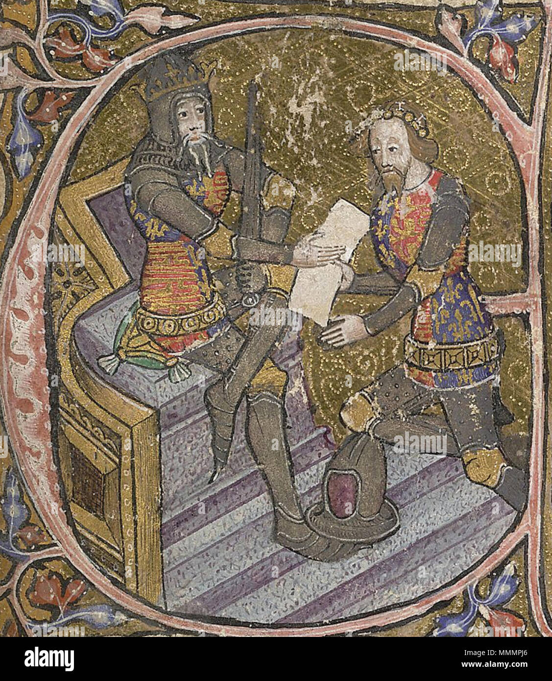 English: 'Edward The Black Prince receives the grant of Aquitaine from his  father King Edward III' Initial letter 'E' on a page of illuminated  manuscript, date: 1390; British Library, shelfmark: Cotton