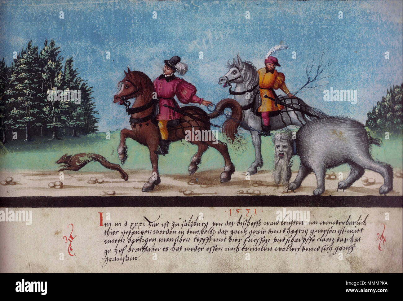Augsburger Wunderzeichenbuch — Folio 123  „Monster bei Salzburg festgenommen worden“ Stock Photo