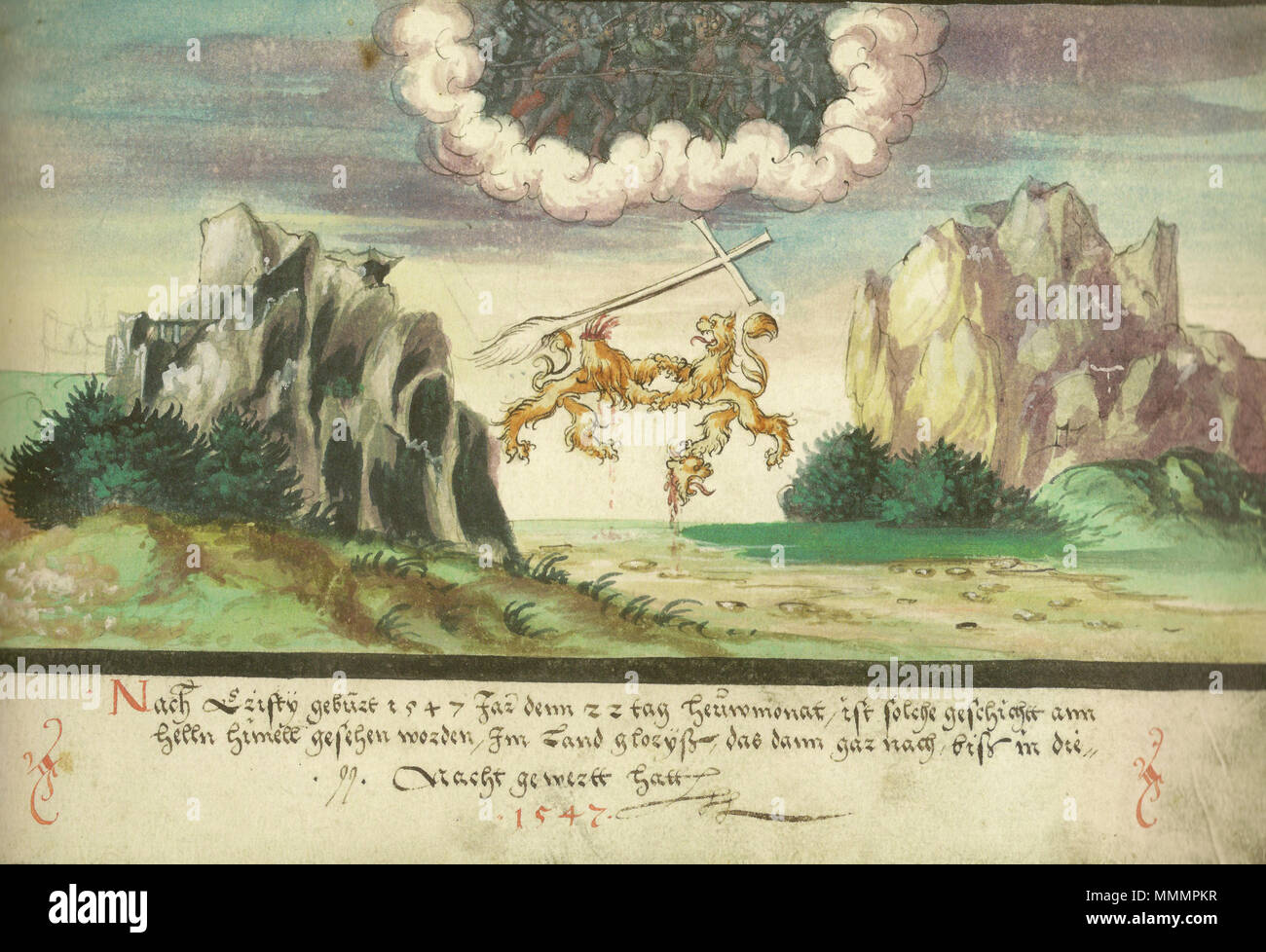 Augsburger Wunderzeichenbuch — Folio 157- Himmelsschlacht, Löwen über Glarus 1547 Stock Photo