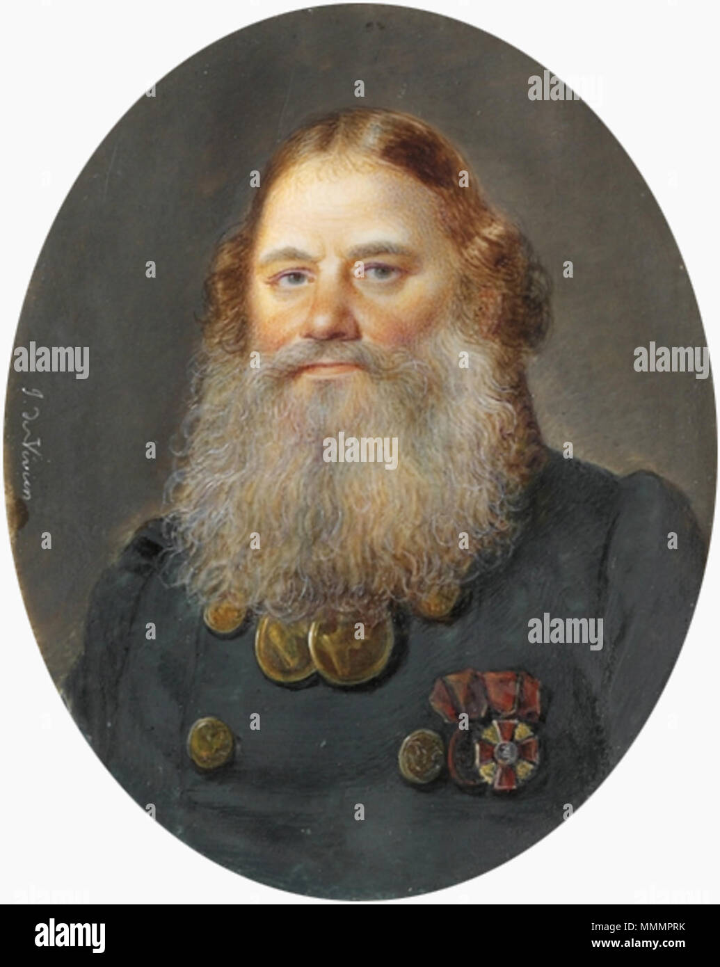 . English: JOSIF JOSIFOVICH DE VIVIEN DE CHÂTEAUBRUN (RUSSIAN, 1793-1852) Ilya Ivanovich Baikov (1768-1838), in double-breasted loden green coat with gilt buttons, wearing the badges of the Imperial Russian Order of St. Anne (3rd class), the bronze medal for the Campaign of 1812 with the ribbon of St. Anne and, around his neck, two presentation medals for Zeal from Tsar Alexander I, long red hair and grey beard signed 'J. de Vivien' (mid left) on ivory oval, 3 1/8 in. (80 mm.) high, rectangular ormolu frame with shell spandrels  . 19th century. JOSIF JOSIFOVICH DE VIVIEN DE CHÂTEAUBRUN (RUSSIA Stock Photo