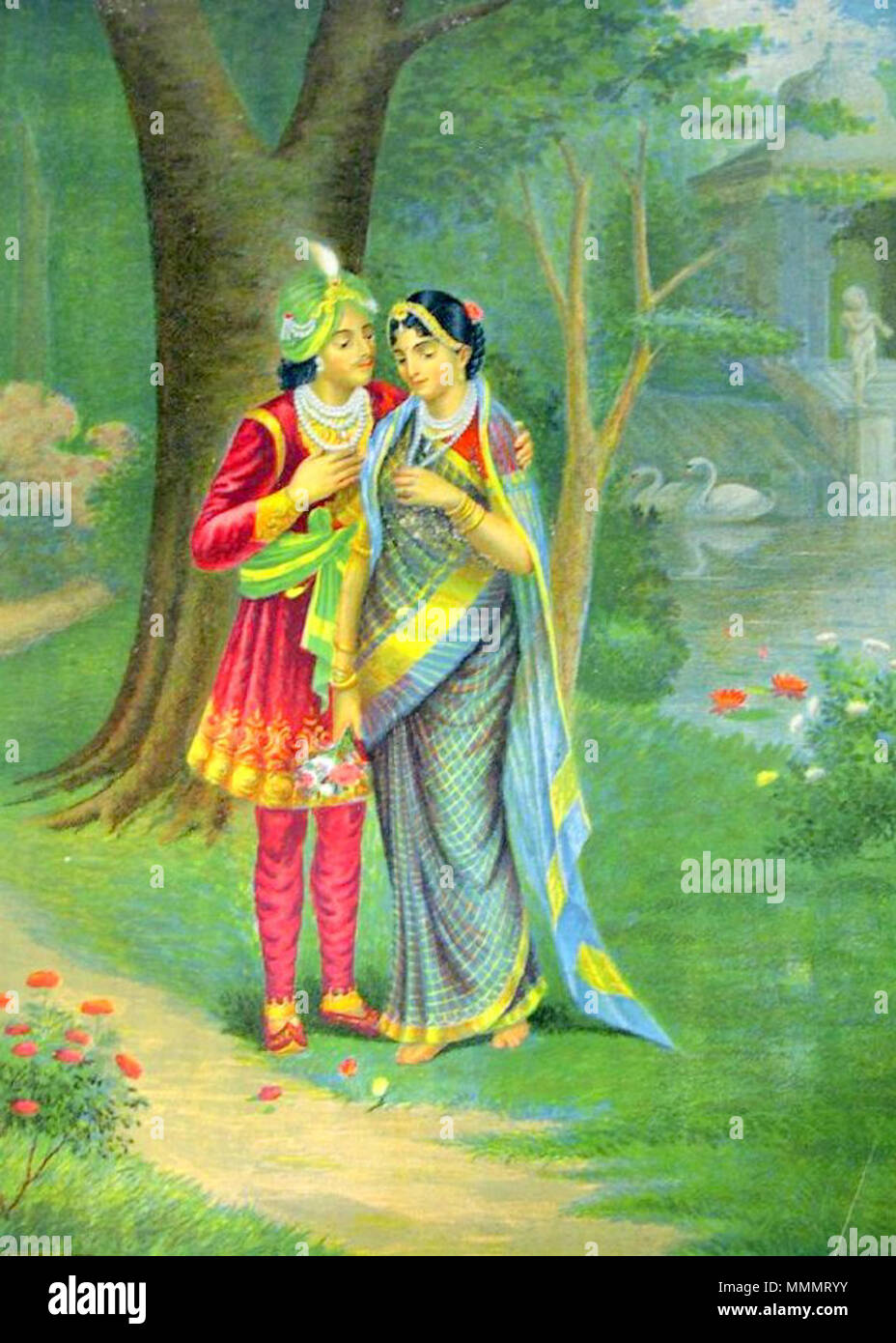 . English: 'Aniruddha and Usha stand in a forest with a western ...