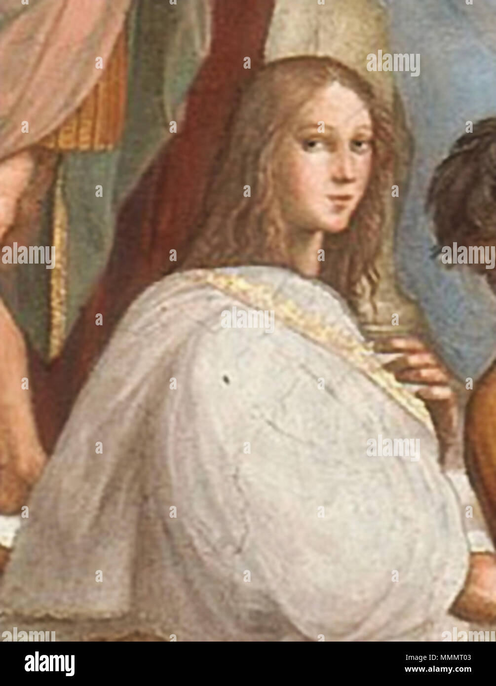 . English: Detail from The School of Athens by Raffaello Sanzio. It may be a portrait of Francesco Maria della Rovere, or possibly the philosopher Pico della Mirandola. Although some modern hypotheses have identified the subject as Hypatia, the consensus of scholars [1] [2] is that the subject is male and that Hypatia was not depicted.  . between 1509 and 1510. Raffaello Santi (Wikipedia) Hypatia Raphael Sanzio detail Stock Photo