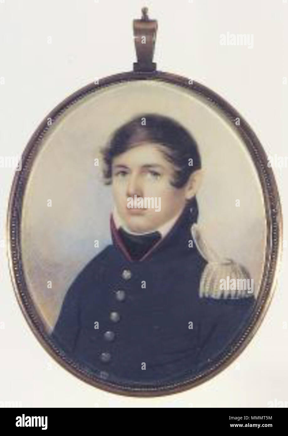 English: A young Ensign, wearing dark blue coat, the collar with red  piping, silver buttons and epaulette. Oval, 72mm ( 2 13/16in) by Anson  Dickinson . before 1852. Anson Dickinson (17791852)