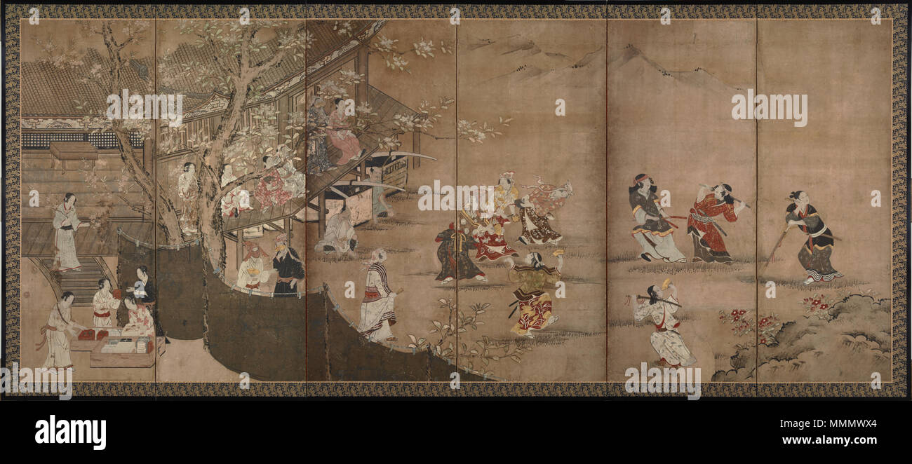 . Left of a pair of six-section folding screens (byōbu). Aristocratic　figures seated in an octagonal building under blossoming aronia trees (Malus halliana) are watching a performance of fūryū odori (elegant dance). The four women with swords on the right are thought to perform the 'Okuni Kabuki' dance.  English: Merry-making under aronia blossoms (kaka y?raku) ???: ????????? . 17th century. 57 Aronia Blossoms Screen 2 Stock Photo