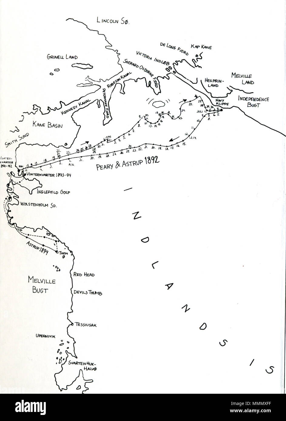 . Eivind Astrup's map over his travels over Northwest Greenland with