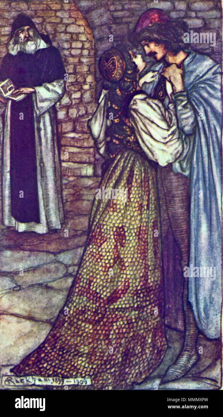 . English: At the cell of friar Lawrence. Illustration to Romeo and Juliet by Arthur Rackham in Tales from Shakespeare by Charles & Mary Lamb.  . before 1939.   Arthur Rackham  (1867–1939)      Description English painter and illustrator  Date of birth/death 19 September 1867 6 September 1939  Location of birth/death Lewisham Limpsfield  Work location London  Authority control  : Q314938 VIAF:?59098690 ISNI:?0000 0001 2134 8434 ULAN:?500004195 LCCN:?n79041840 NLA:?35438826 WorldCat 60 At the cell of friar Lawrence Stock Photo