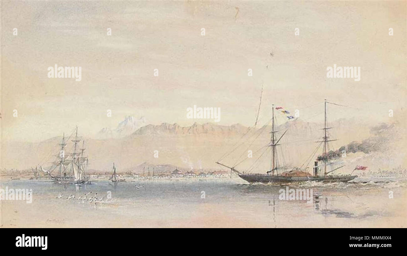 . English: HM Surveying Ship Spitfire off the Circassian (Black Sea) coast by O.W. Brierly. pencil and watercolour heightened with white, on paper. HMS Spitfire (1845) was a wooden paddle gunvessel launched in 1845. She became a survey vessel in 1851, a tug in 1862 and was broken up in 1888.  . between circa 1854 and circa 1855.   Oswald Walters Brierly  (1817–1894)    Alternative names Sir Oswald Walters Brierly  Description painter  Date of birth/death 19 May 1817 14 December 1894  Location of birth/death Chester Greater London  Authority control  : Q3357515 VIAF:?56883995 ISNI:?0000 0000 66 Stock Photo