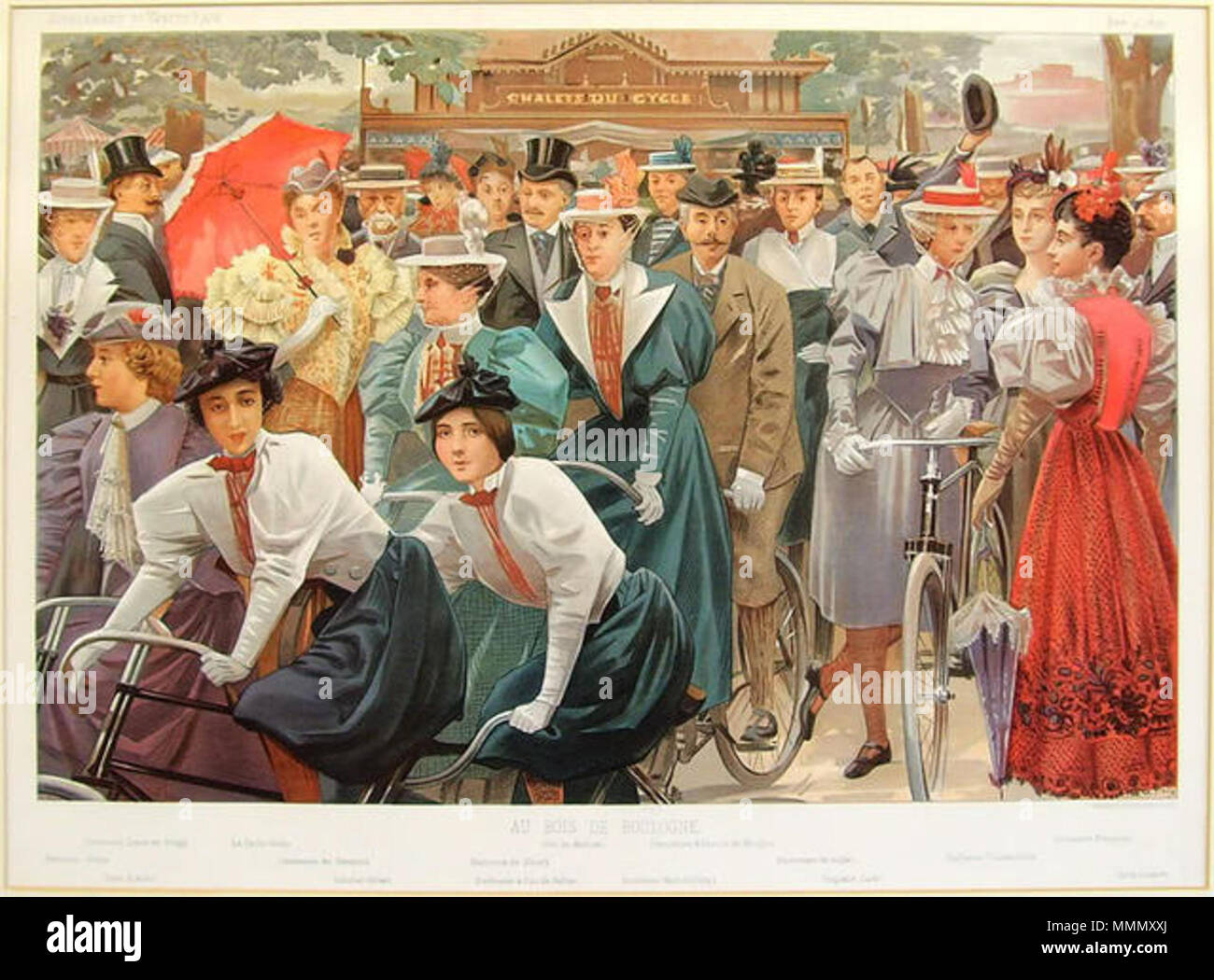 . Caricature : 'Au Bois De Boulogne (Aux Chalets du Cycle)'. Group of lady cyclists, including Princess Brancovan and Duchesse Doudeauville. L'établissement Les Chalets du Cycle était situé sur l'allée du Bord de l'eau, entre l'étang de Suresnes et la Seine.  . 1897. 62 Au Bois De Boulogne Vanity Fair 1897-06-03 Stock Photo