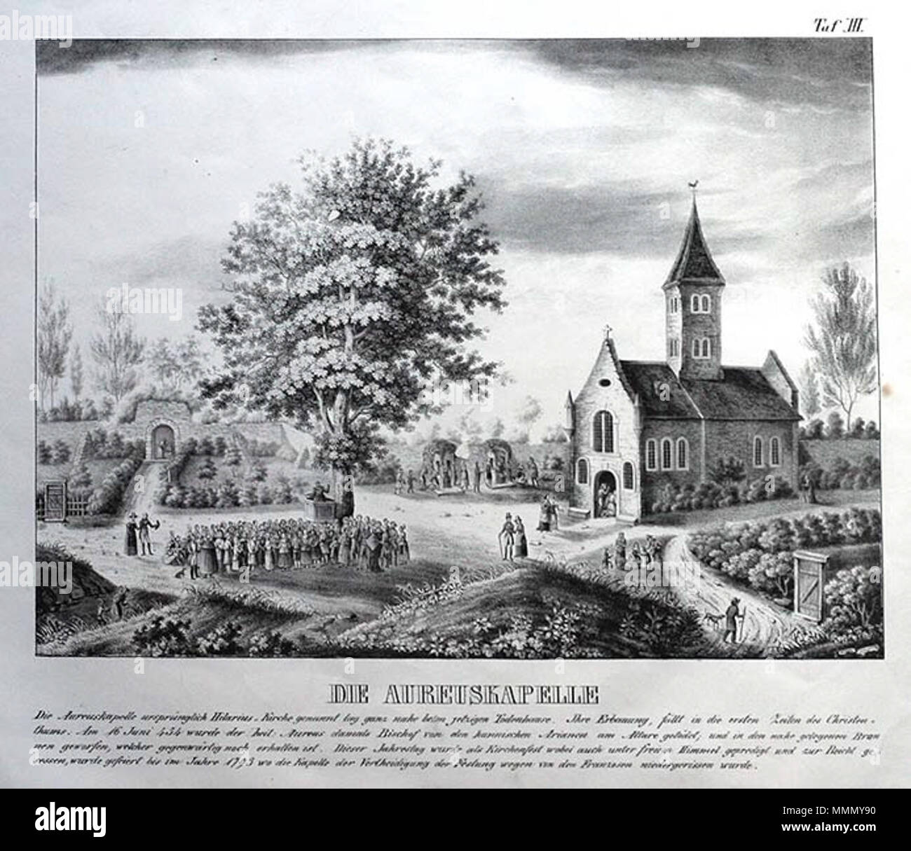. Deutsch: Aureuskapelle Mainz-Zahlbach, zerstört 1793. Litho von 1842  . 1842. Dionis Wasserburg (1813–1885) 64 Aureuskapelle Mainz Stock Photo