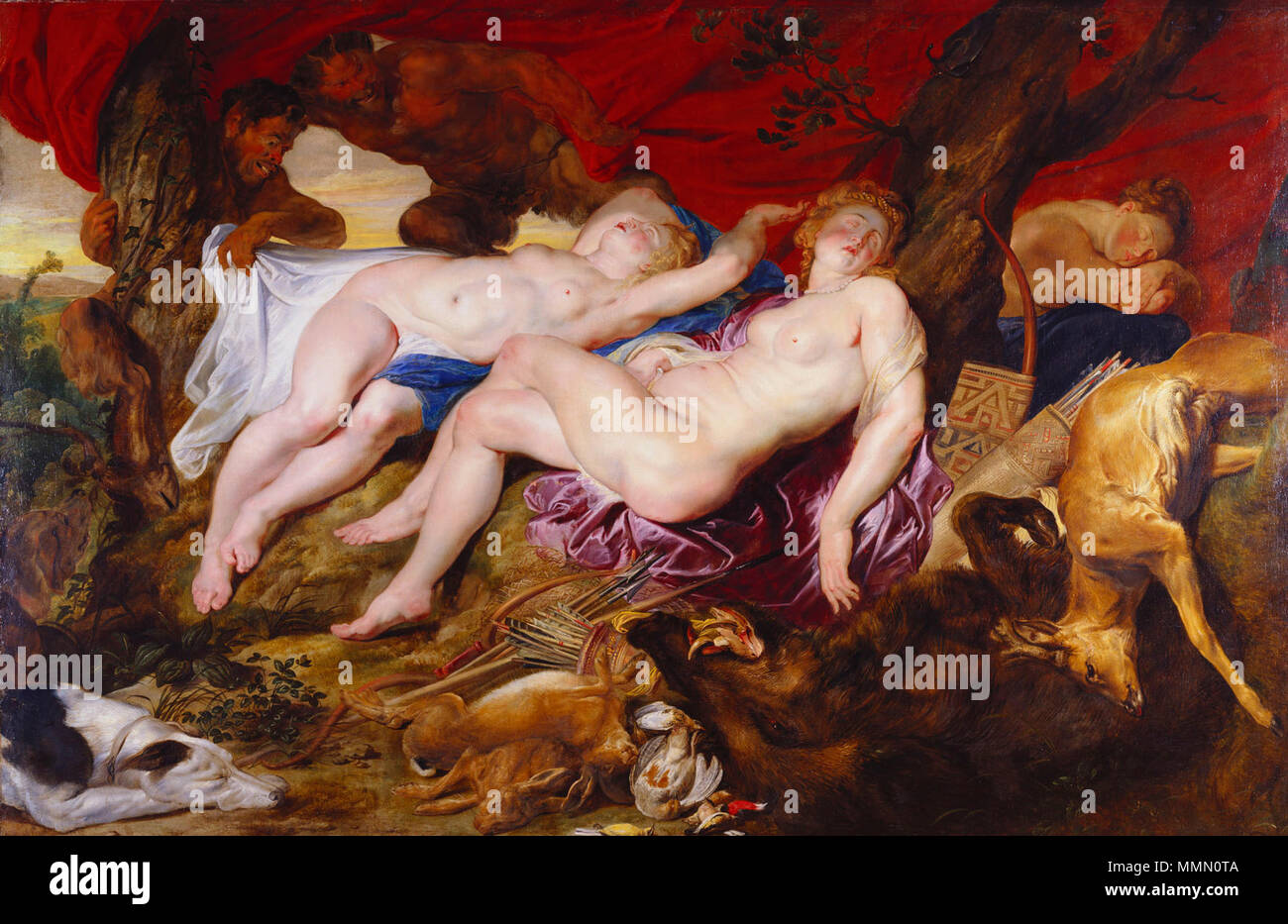 Diana and her nymphs spied upon by satyrs, by Peter Paul Rubens English: Diana and her nymphs spied upon by satyrs . circa 1616. Diana and her nymphs spied upon by satyrs, by Peter Paul Rubens Stock Photo