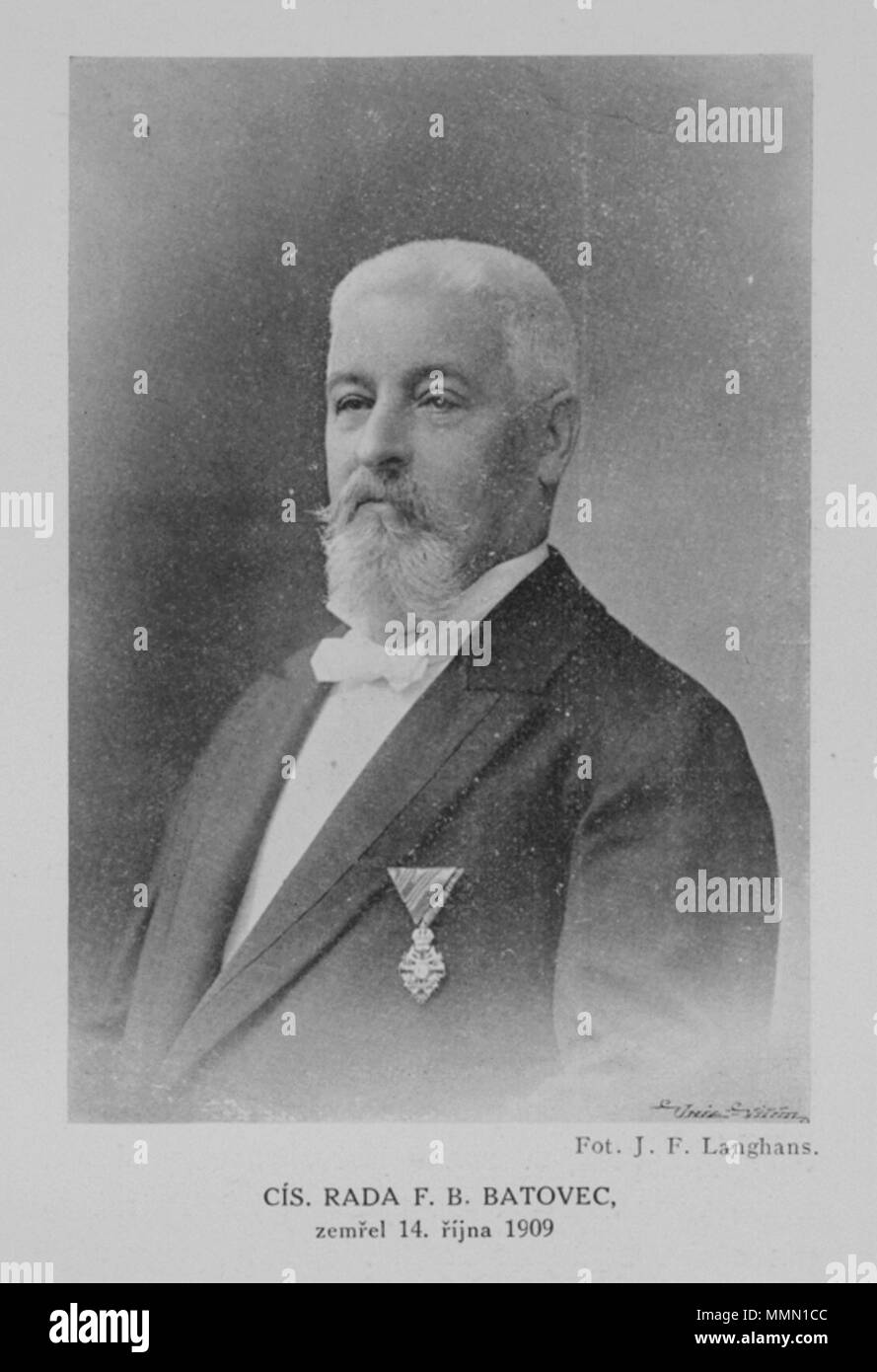 . English: Portrait of F. B. Batovec (1846-1909), Czech businessman - printer, publisher and stationery trader. 74 Batovec 1909 Langhans Stock Photo
