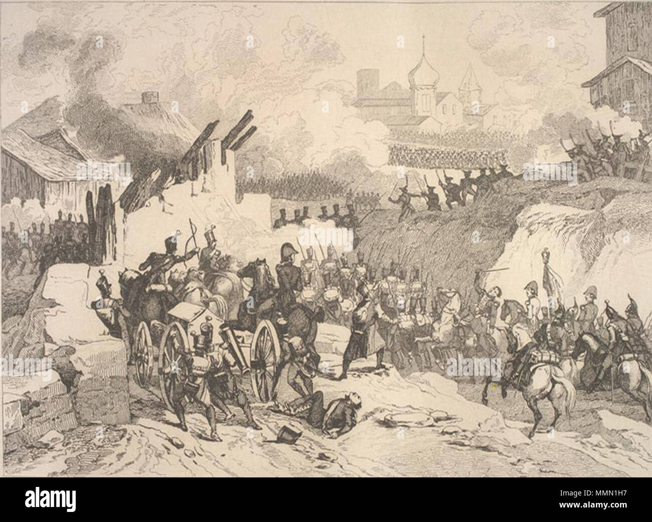 . Battle between Russian and French troops for Maloyaroslavets (Russia) on October, 24, part of the 1812 Napoleon Russian campaign. Title to drawing: Battle of Malo-jaroslawetz. [and] Death of General Delzons. From FRANCE MILITAIRE. // Martinet delt. // Réville sculpt // T.  . 19th century. artists: del. MARTINET, sc. RÉVILLE, Jean-Baptiste (1767-1825) 75 Battle of Maloyaroslavets 1812 by Martinet Stock Photo