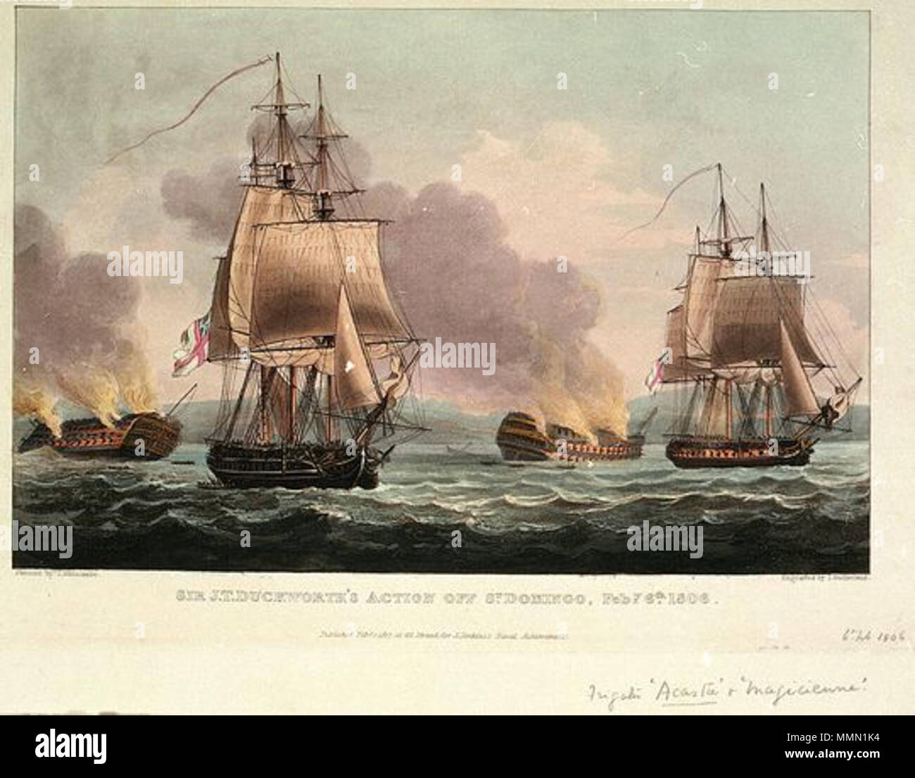 . English: HMS Magicienne and HMS Acasta and the Battle of San Domingo  . 1 February 1817. Thomas Sutherland (engraver), Thoams Whitcombe (artist) 75 Battle of St Domingo PU5760 Stock Photo
