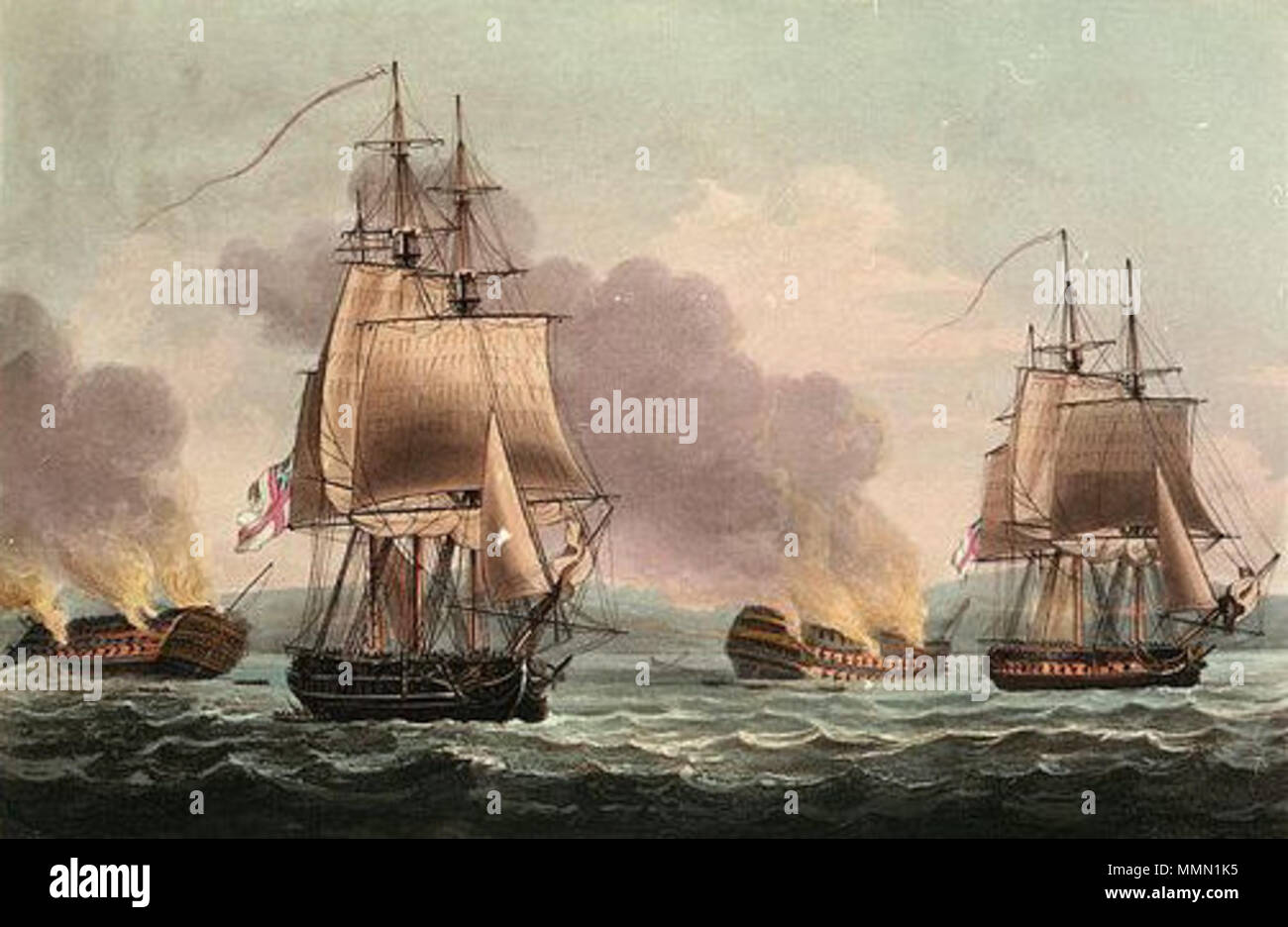 . English: HMS Magicienne and HMS Acasta and the Battle of San Domingo  . 1 February 1817. Thomas Sutherland (engraver), Thoams Whitcombe (artist) 75 Battle of St Domingo PU5760-cropped Stock Photo