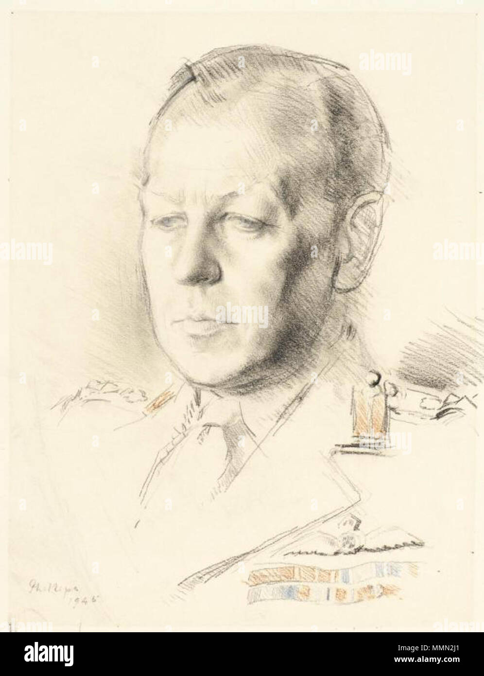 . English: , British Army officer during World War II and pioneer of Military Deception in Northern Africa. War Art sketch by Patrick Edward Phillips for the  . 1945.   Patrick Edward Phillips - Dudley Clarke Stock Photo