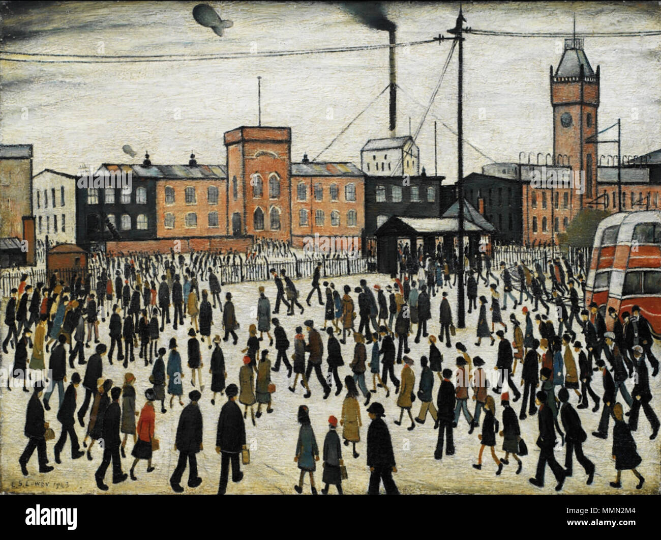 .  English: Factory workers going to work at the Mather & Platt, Manchester, in the snow. l on canvass, 457 x 609 mm Going to Work - L S Lowry Stock Photo
