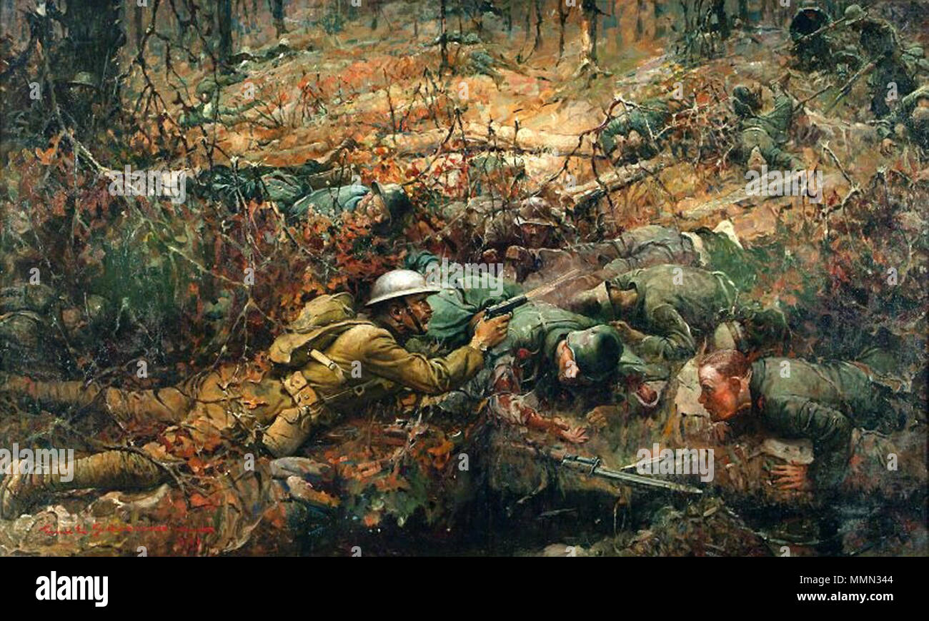 .  English: This battle scene was painted in 1919 by artist Frank Schoonover. The scene depicts the bravery of Alvin C. York in 1918.  . 1919.   Frank Schoonover - Alvin C York Painting Stock Photo