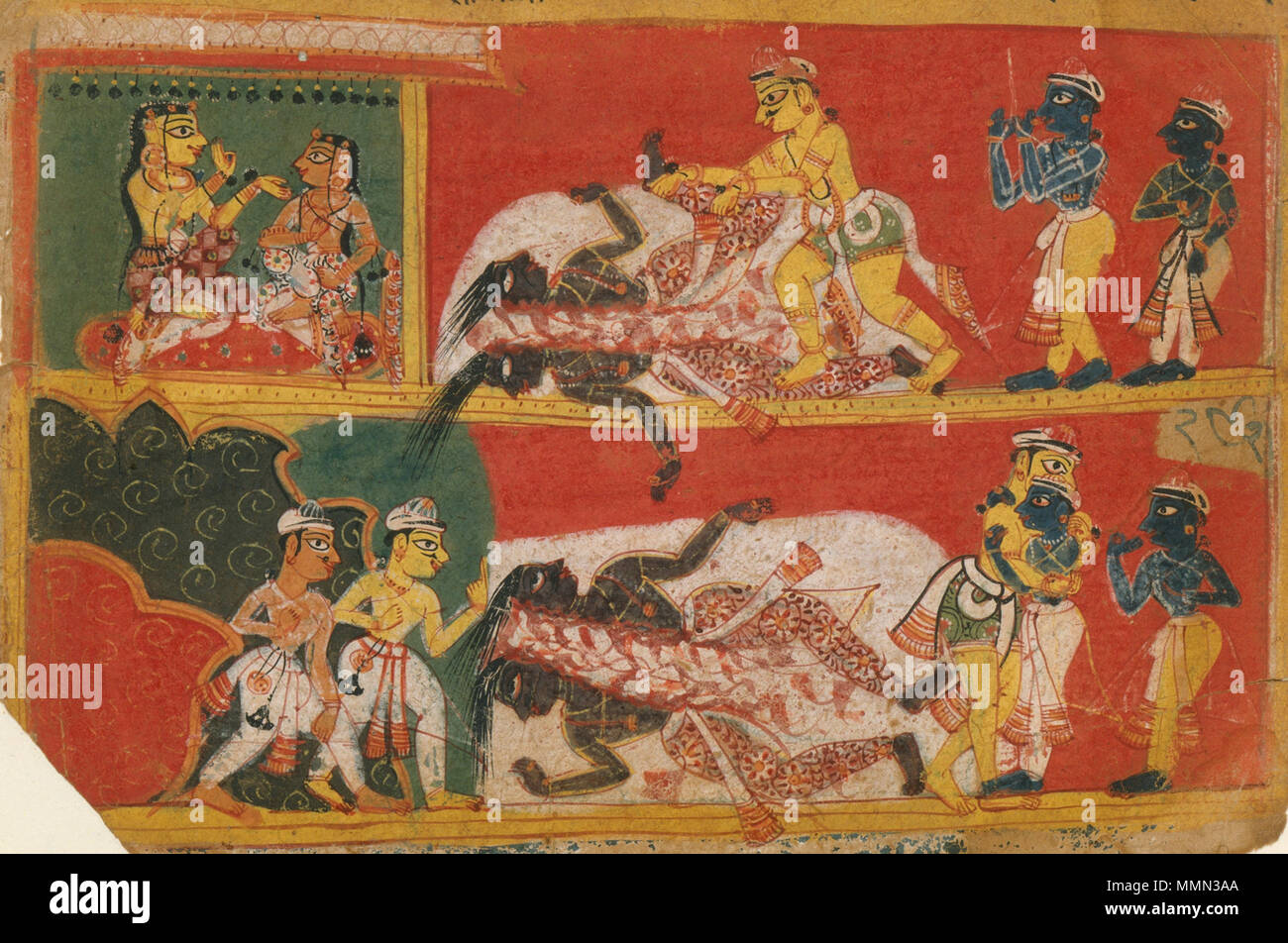 . English: Bhima Slays Jarasandha: Page from a Dispersed Bhagavata Purana Manuscript Date:  ca. 1520–40 Culture:  India (Delhi Agra area) Medium:  Ink and opaque watercolor on paper Dimensions:  6 3/4 x 9 1/16 in. (17.1 x 23 cm) Classification:  Painting Credit Line:  Gift of Cynthia Hazen Polsky, 1985 Accession Number:  1985.398.16   Description Jarasandha, the mighty and evil ruler of Magadha, had imprisoned ninety-five kings, but he could not be defeated, as he was an invincible general and, because of a boon from the gods, could not be harmed by weapons. To bring about his downfall, Krishn Stock Photo