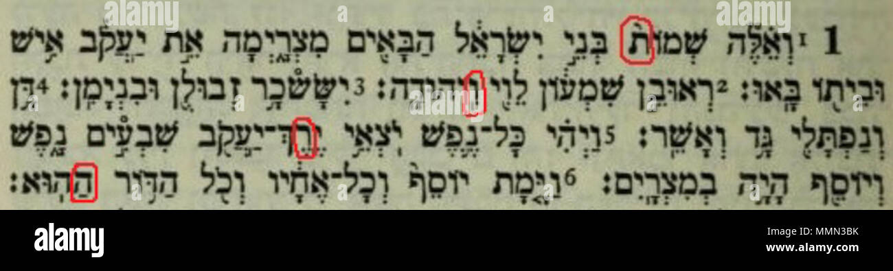 . English: Book of Exodus 1:1-6 with Bible code  . 1909. unknown (Rudolph Kittel was editor) 83 Bible code in Exodus 1,1-6 Stock Photo