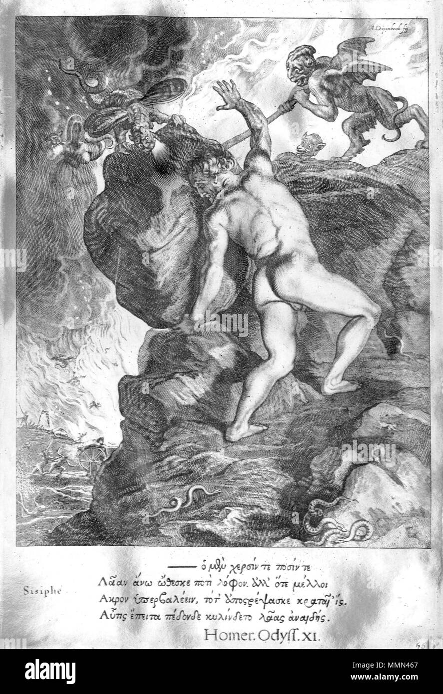 . English: Sisyphus plate 56  . 1655. Abraham Jansz. van Diepenbeeck (1596-1675), illustrator; Cornelis Bloemaert (1603-ca. 1684), engraver 87 Bloemaert - Sisyphus Stock Photo