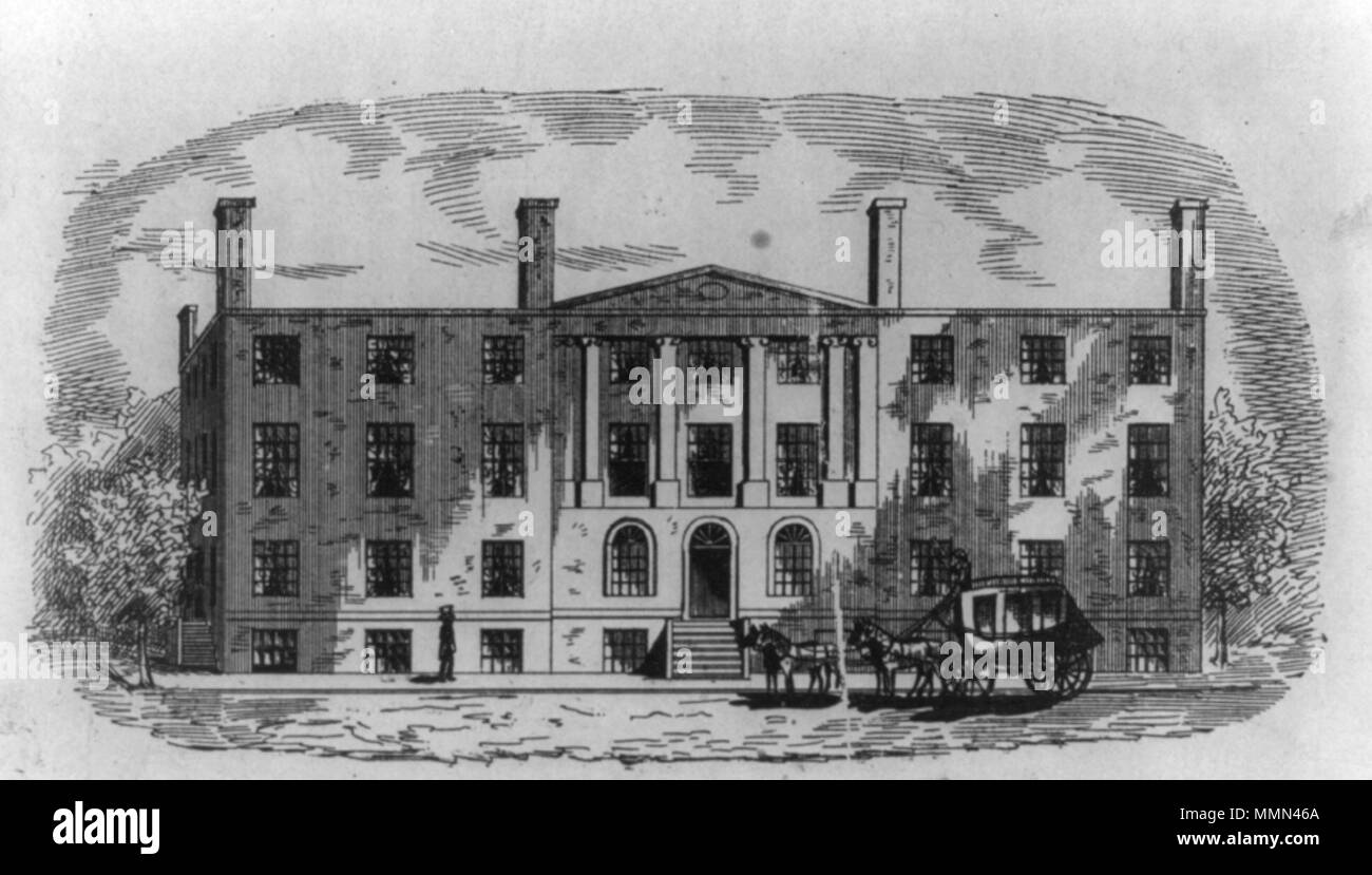 . English: Blodget's Hotel, built 1793, with stagecoach parked in front, later (from 1802 to 1836) the U.S. Patent Office.  . circa 1840. unknown artist. Library of Congress - No known restrictions on publication. 87 Blodget's Hotel, built 1793 Stock Photo