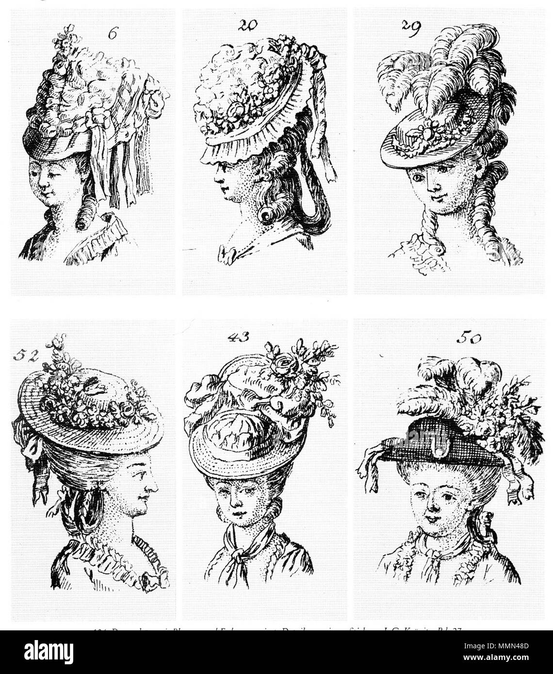 . Damenhüte, mit den Erzeugnissen einer Blumenmanufaktur dekoriert.  . circa 1790. Anonymous 87 Blumenmanufaktur Hutschmuck Stock Photo