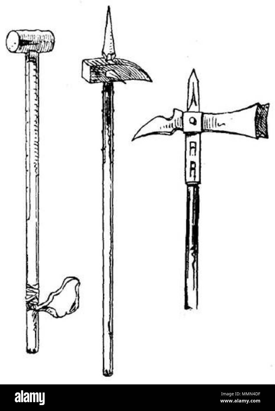 English: Luzerne Hammer (right) - illustration from a book 'Handbuch der  Waffenkunde' Das Waffenwesen in seiner historischen Entwicklung vom Beginn  des Mittelalters bis zum Ende des 18 Jahrhunderts' by Wendelin Boeheim,