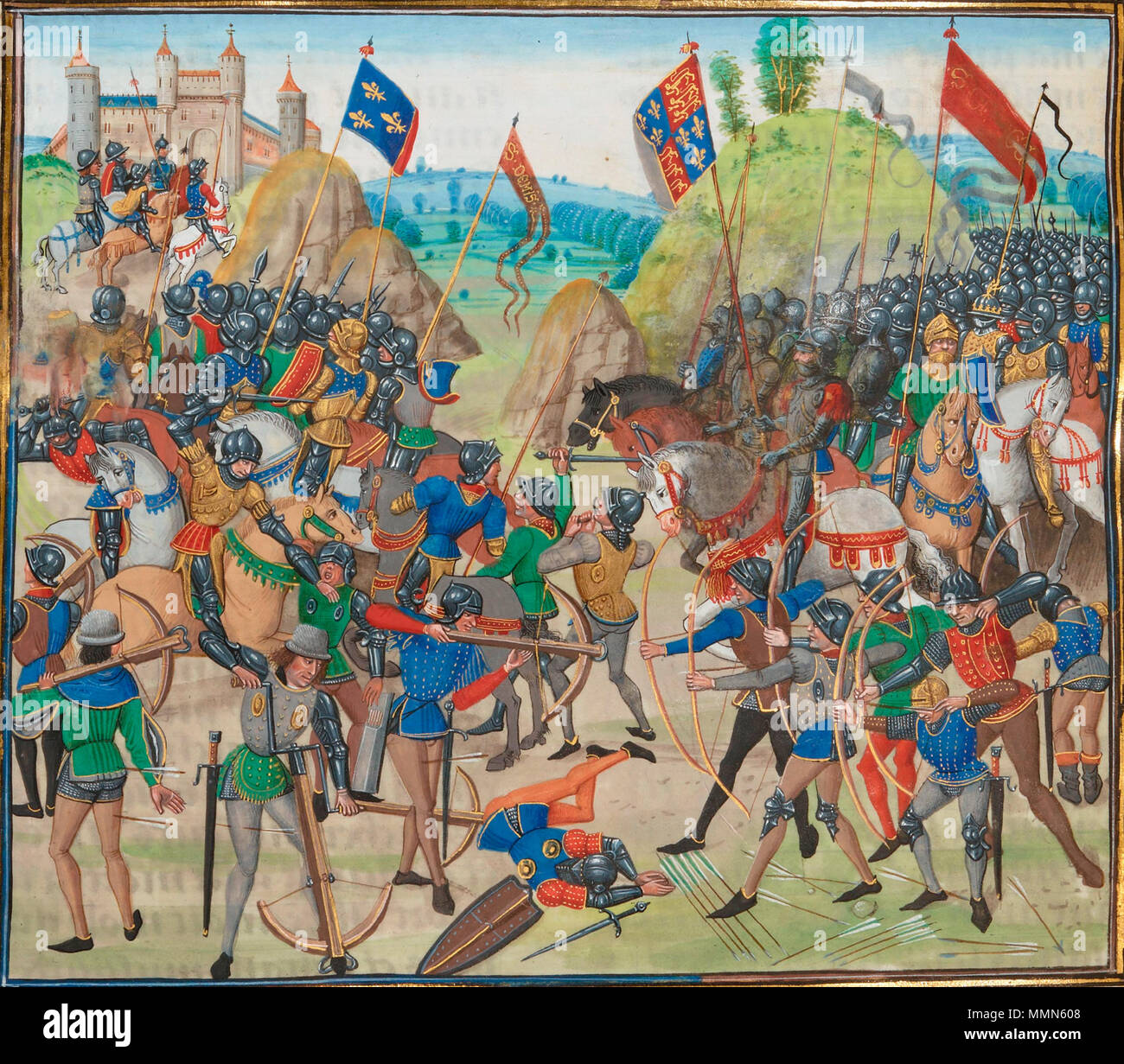 . From a illuminated manuscript of Jean Froissart's Chronicles  Battle of Crécy between the English and French in the Hundred Years' War.. 15th century. Battle of crecy froissart Stock Photo
