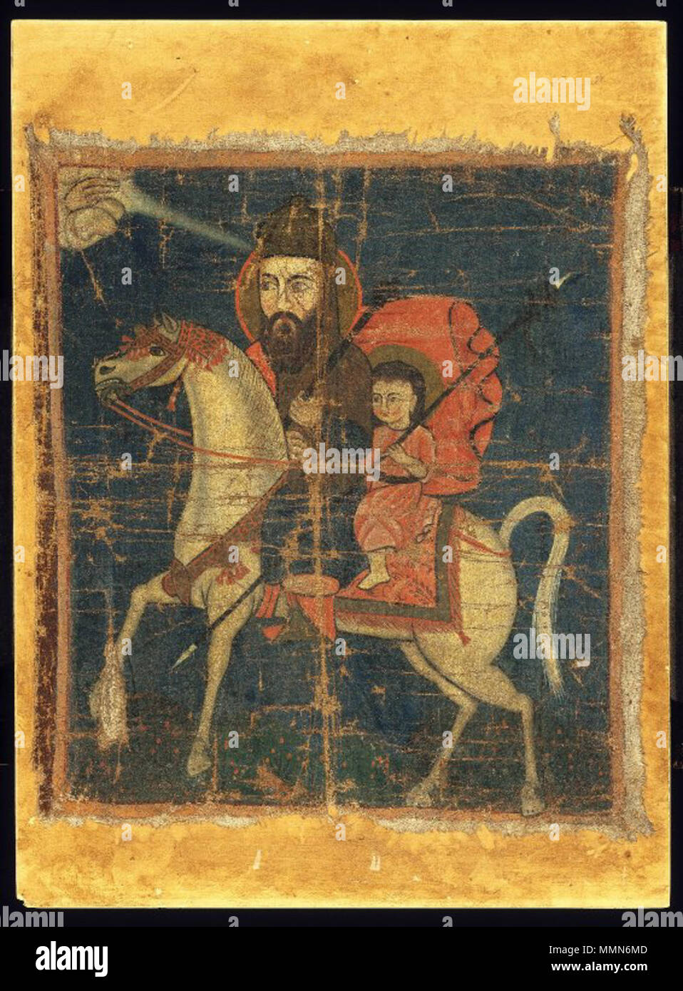 Man and Child Mounted on Horse say the Museum - in fact an icon of St George of a well-known type, like File:Saint George icon in Pyrgos, Santorini.jpg.. between 1700 and 1899. 100 Brooklyn Museum - Man and Child Mounted on Horse Stock Photo
