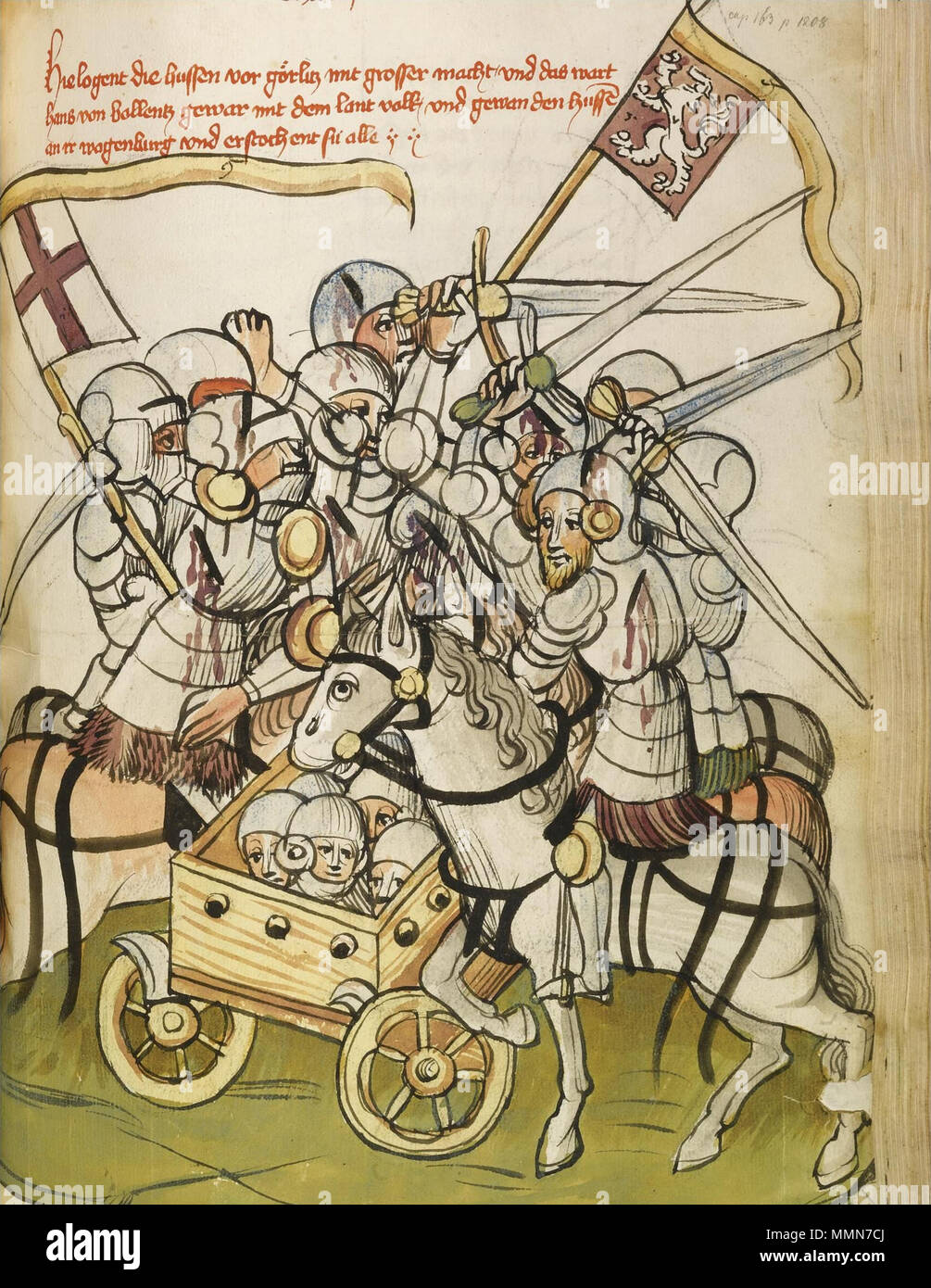 . English: Eberhard Windeck: Das Buch von Kaiser Sigismund (Handschrift bei Sotheby's 7.7.2009, siehe http://www.handschriftencensus.de/9134), folio 140r, the battle of Kratzau, with Hans von Polenz (the captain of the Silesian army) and his forces overwhelming those of the Hussites and their armoured carriages in a bloody battle (11 November 1429) 103 Buch-kaiser-sigismund-L09740-26-lr-8 Stock Photo
