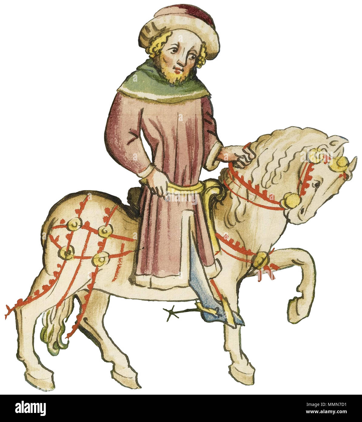 . Eberhard Windeck: Das Buch von Kaiser Sigismund (Handschrift bei Sotheby's 7.7.2009, siehe http://www.handschriftencensus.de/9134) [Not sure: folio 4v, the author Eberhardt Windeck on horseback riding away from his parents' house for the first time; OR folio 6r, the author again on horseback, having ridden down the Rhine, arriving at the entrance to the city of Cologne, surmounted by his arms] 103 Buch-kaiser-sigismund-L09740-26-lr-10 Stock Photo