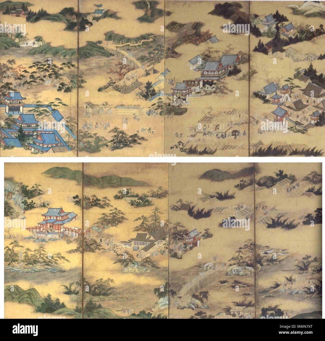. Famous Views of Sagano (top) and Famous Views of Uji (bottom), pair of four-panel screens by Kanō Eitoku, late 1560s  . late 1560s.   Kan? Eitoku  (????)     Alternative names ????; ????; ????; Eitoku; Eitoku Kan?; Kuninobu  Description Japanese painter  Date of birth/death 26 February 1543 12 October 1590  Location of birth/death Kyoto, Japan Kyoto, Japan  Work period Azuchi=Momoyama Period  Work location Kyoto, Aszuchi, Osaka, Ohara  Authority control  : Q536696 VIAF:?37719308 ISNI:?0000 0000 8219 2181 ULAN:?500121009 LCCN:?n82056430 GND:?119099217 WorldCat 'Famous Views of Sagano' and 'F Stock Photo