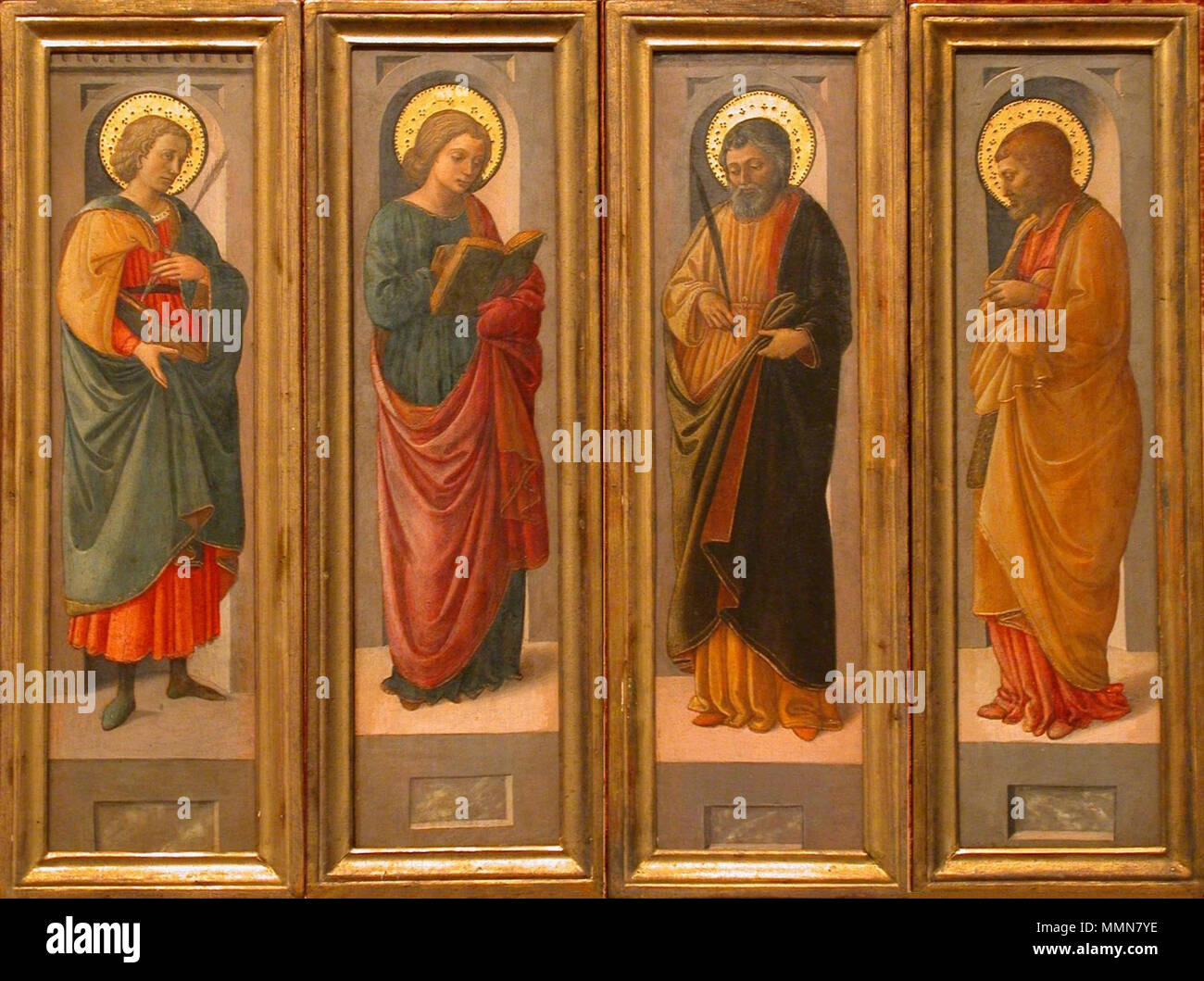 English: Four Male Saints . Mid-15th century. 'Four Male Saints, paintings by Fra Diamante, c. 1470, Honolulu Academy of Arts Stock Photo