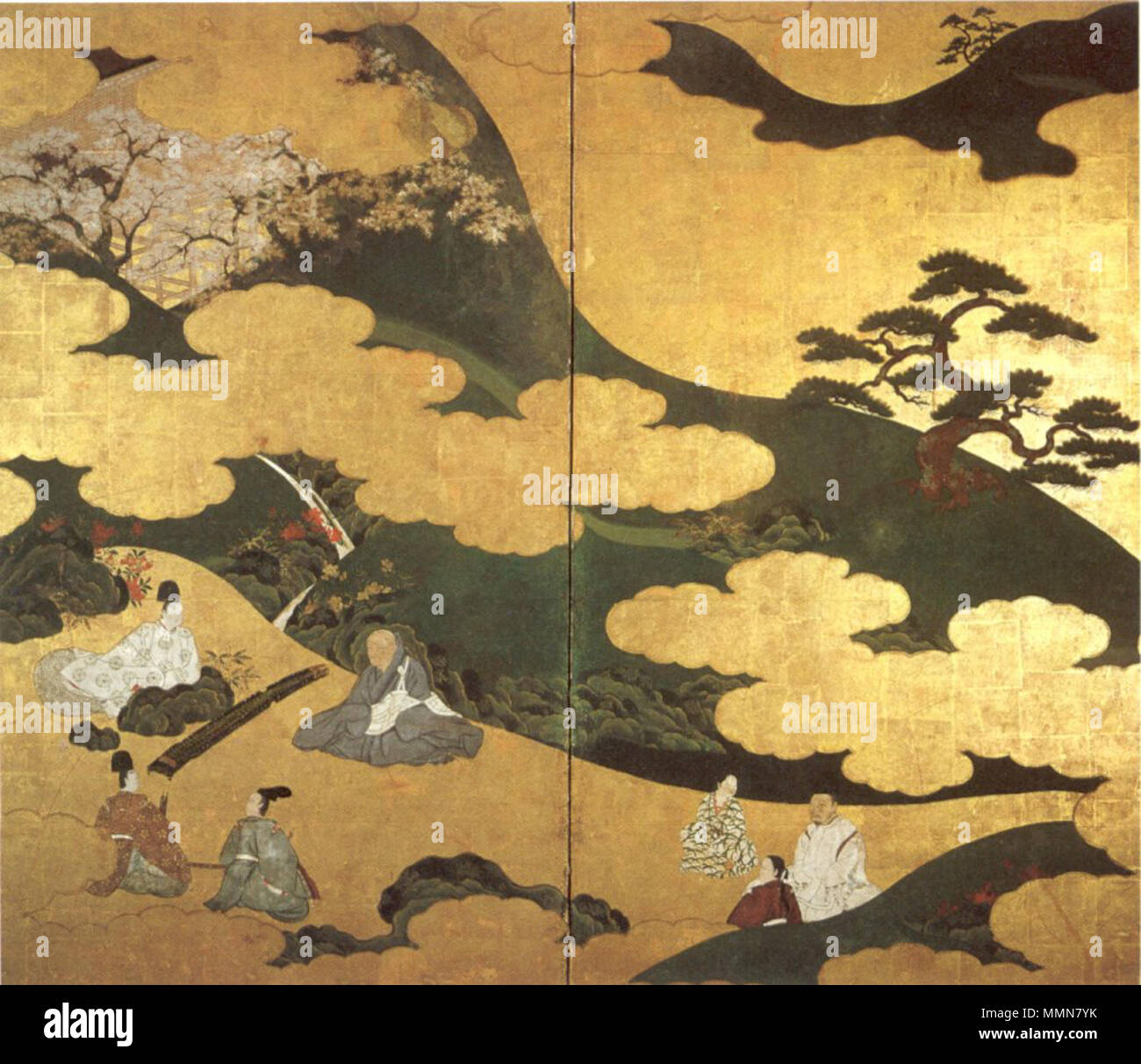 .  English: Genji Monogatari (Tale of Genji), ink and color on gold paper mounted as a two-panel screen attributed to Tosa Mitsuyoshi, 16th or early 17th century Japanese, Honolulu Academy of Arts  . 16th or early 17th century. 'Genji Monogatari' (Tale of Genji), ink and color on gold paper mounted as a two-panel screen attributed to Tosa Mitsuyoshi Stock Photo