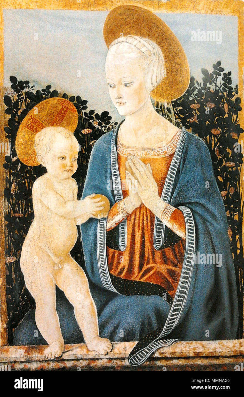 Madonna and Child against a rose bush.. mid 15th century. Master of Pratovecchio Madonna and Child Stock Photo