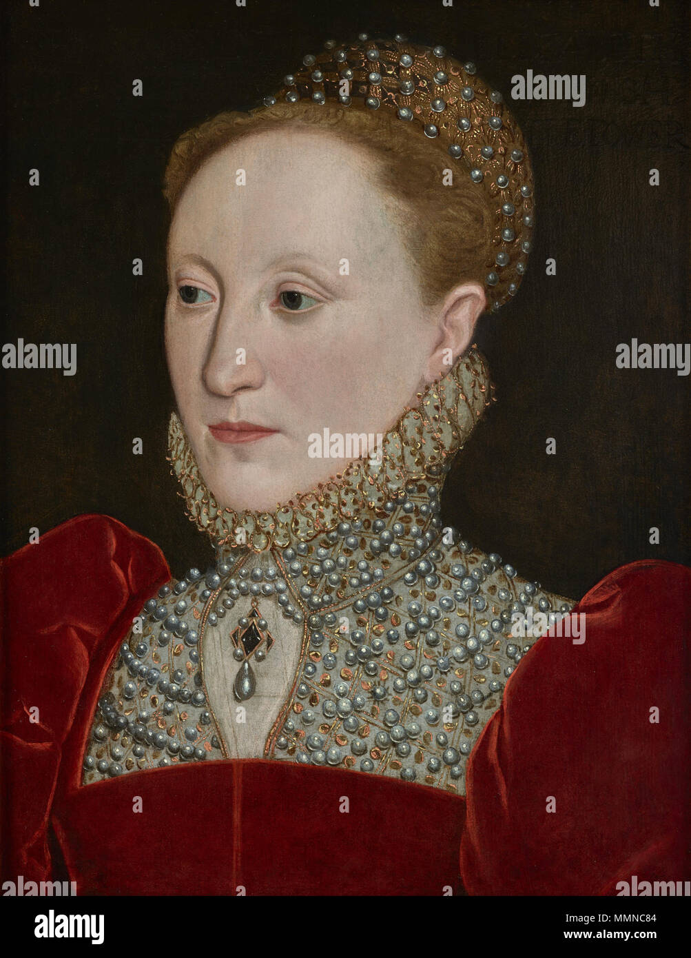 . Depicted person: Elizabeth I of England English: Elizabeth I of England in a red velvet dress with a pearl-studded partlet and a ruff trimmed with gold spangles, ca. 1560s.  . between circa 1560 and circa 1569. English School, circa 1560s, Elizabeth I of England Stock Photo