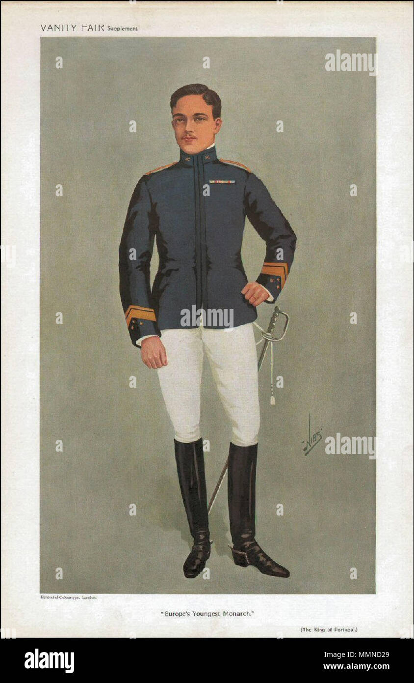 . Men of the Day No.1198: Caricature of King Manuel II of Portugal. Caption reads: 'Europe's Youngest Monarch'  . 10 November 1909. 'Nibs' Manuel II of Portugal, Vanity Fair, 1909-11-10 Stock Photo