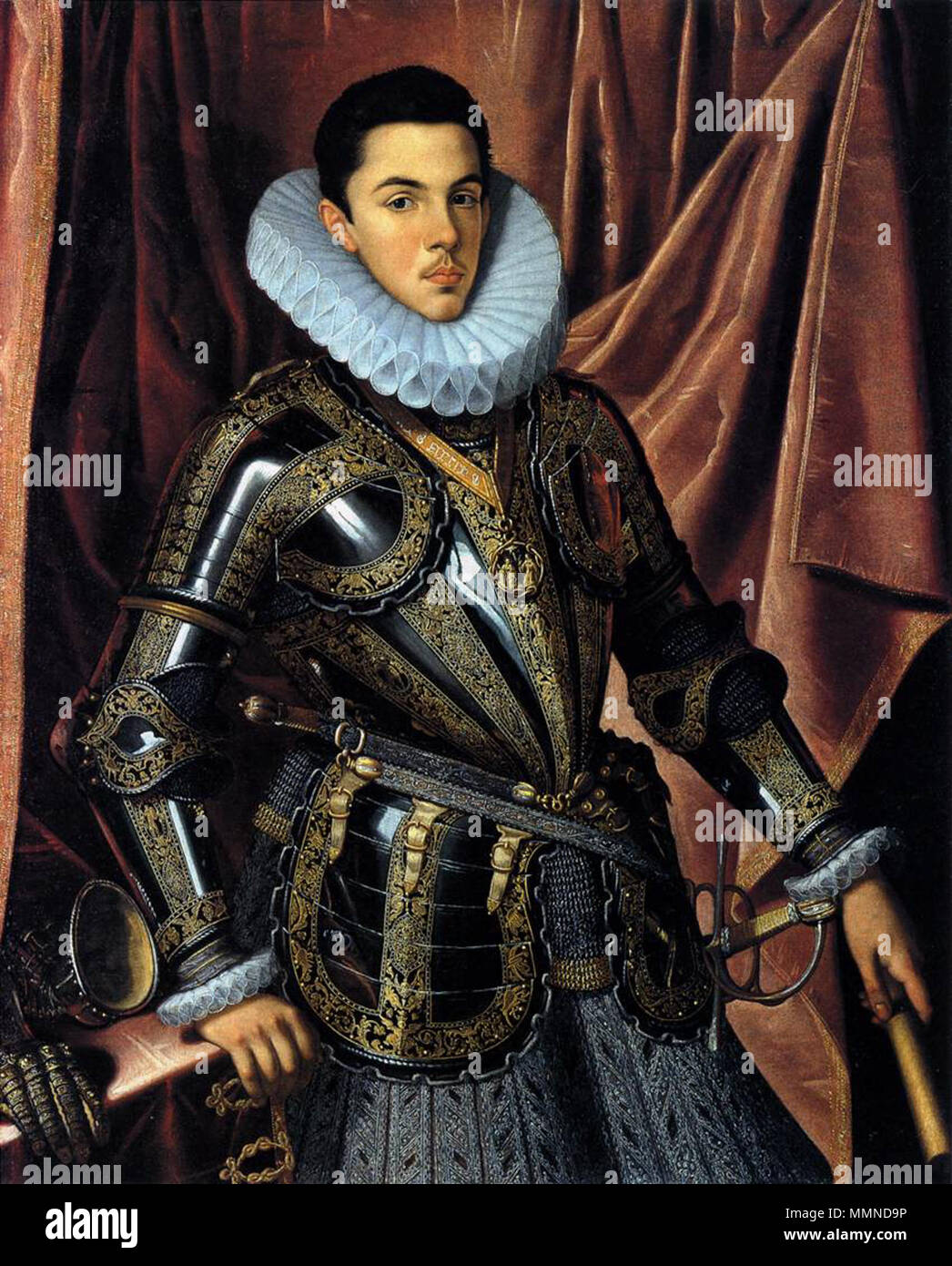 .  Español: Retrato del príncipe Felipe Manuel de Saboya (1586-1605), que fue el hijo primogénito de Carlos Manuel I de Saboya, duque de Saboya, y de la infanta Catalina Micaela de Austria, hija del rey Felipe II de España. English: Portrait of Felipe Manuel, Prince of Savoya (1586-1605), son of Charles Emmanuel I, Duke of Savoy and Infanta Catherine Michelle of Spain (daughter of Philip II). The artist represents the prince as the heir to the throne in Savoya wearing an armor of Lombard origin and the necklace of the Annunziata Order, the highest order of the Kingdom of Savoya.  Prince Philip Stock Photo