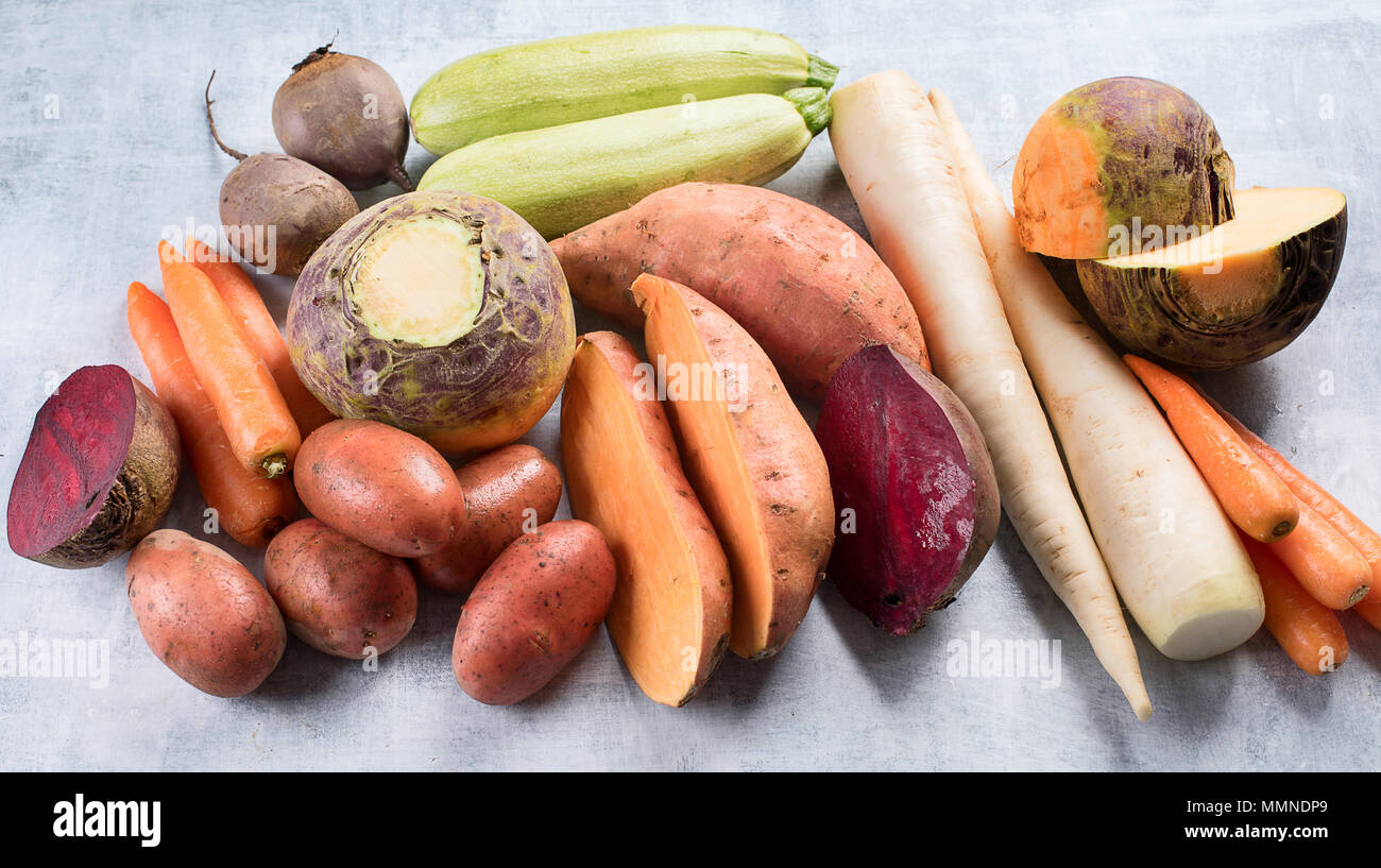 Fresh root vegetables. Root crops background. Healthy eating concept Stock Photo
