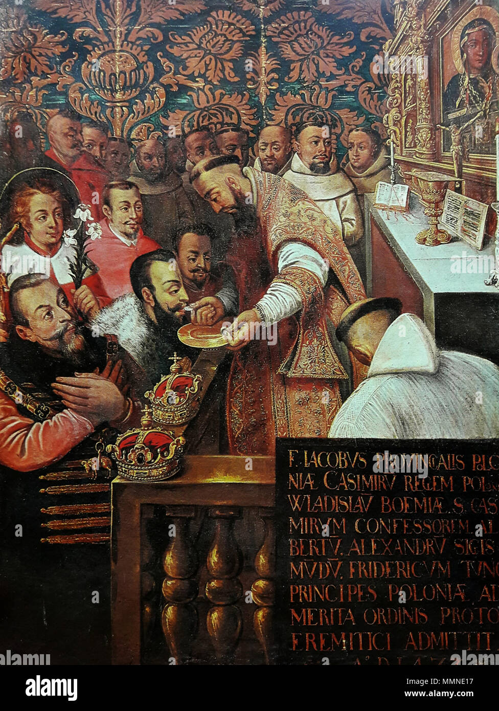 Communion of the Jagiellons at Jasna Góra in 1477 (Casimir IV Jagiellon with his sons admitted to Jasna Góra Confraternity).. second quarter of 17th century. Dolabella Communion of the Jagiellons Stock Photo