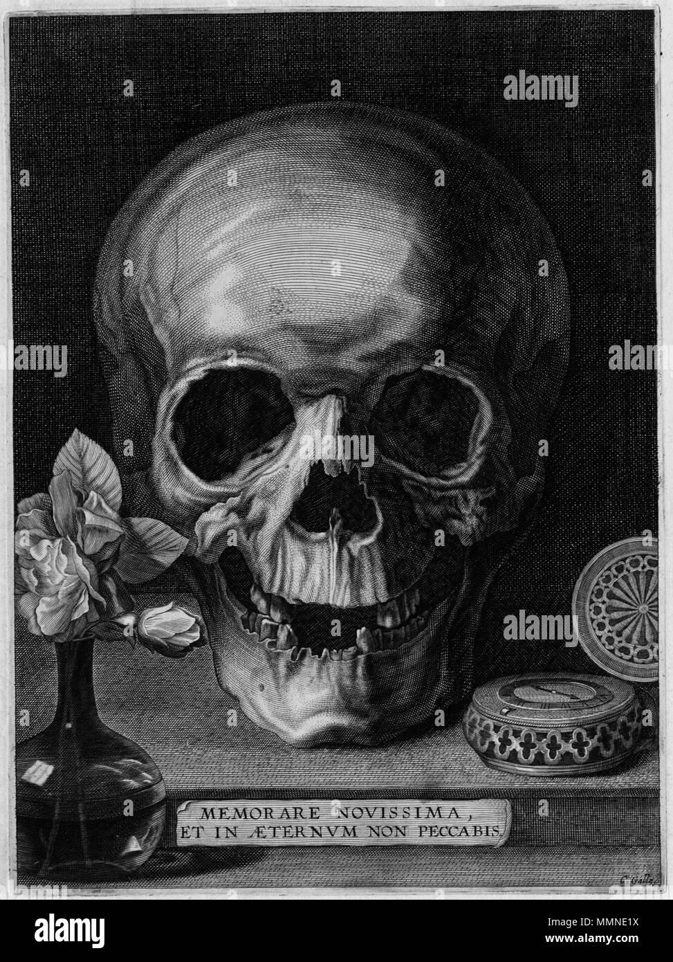 Still life with skull pocket watch and roses second quarter of