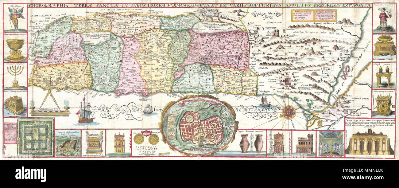 .  English: This is an extraordinary c. 1632 map of the Holy Land by the Jesuit monk Jacobus Tirinus. Oriented to the east, map depicts from Syria and Tyre southward as far as the Sinai, Egypt and Thebes. Ours survey of the map begins at the southern most point, in Egypt, where we find the city of Thebes and, slightly to the north, near Memphis, the wildly misshapen Pyramids of Egypt. Slightly further north we see the city of Tanis, made famous in Indiana Jones and the Raiders of the Lost Ark as the resting place for the Ark of the Covenant. In this spirit, slightly to the south of Tanis, the  Stock Photo