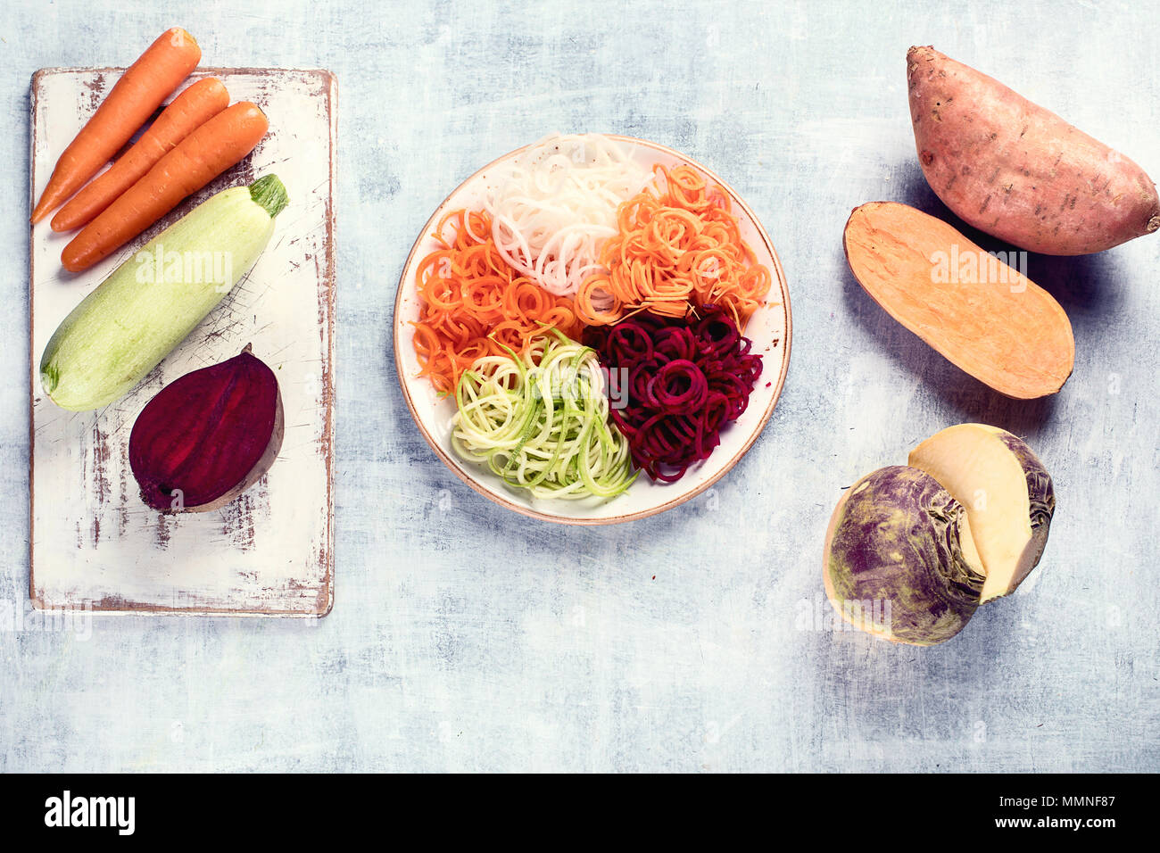 Vegetable noodles. Fresh zucchini, carrot, white radish, sweet potato ...