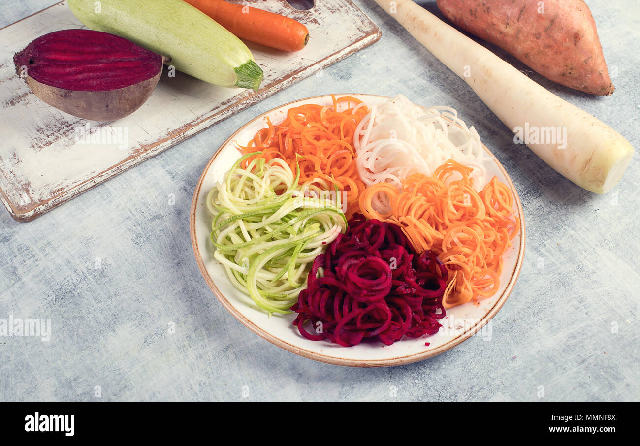 Vegetable noodles. Fresh zucchini, carrot, white radish, sweet potato ...