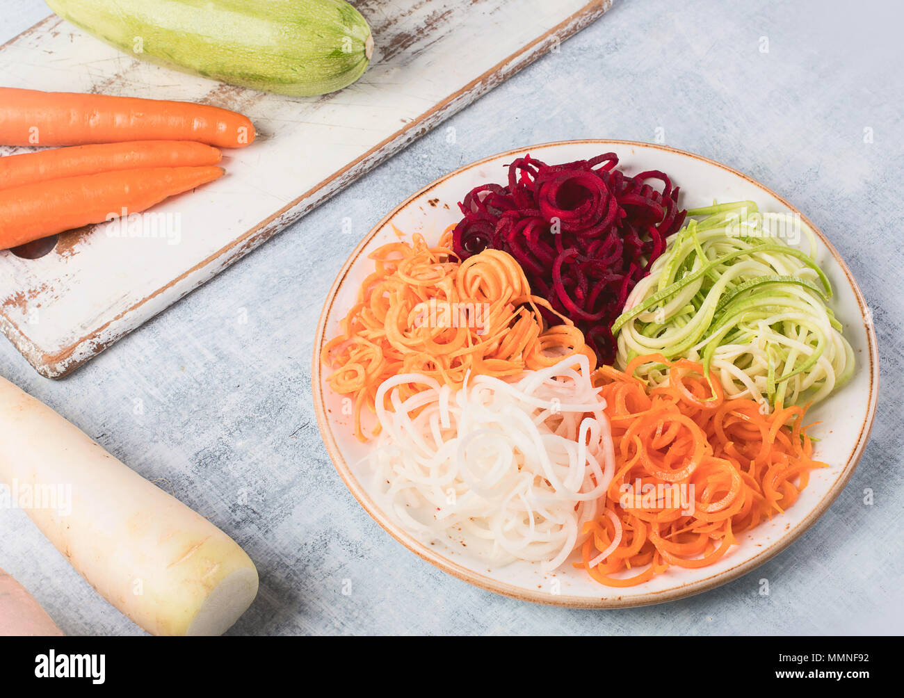 Vegetable noodles. Fresh zucchini, carrot, white radish, sweet potato ...