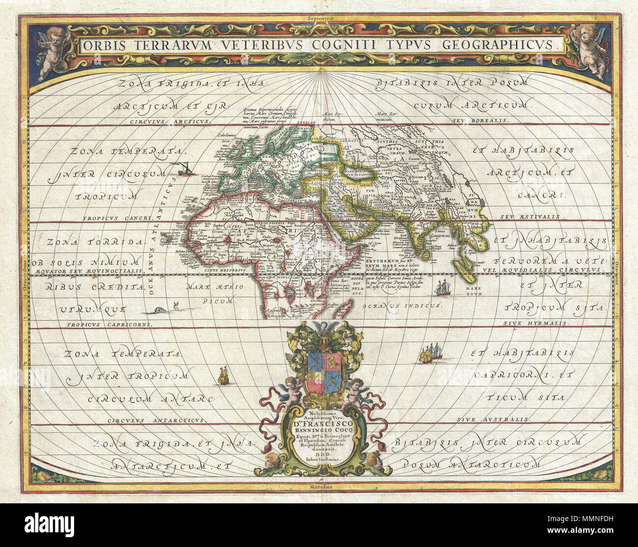 .  English: An exceptional 1650 map of the world as it was known to the ancients by Jan Janssonius. Such maps, which filled in contemporary geography with ancient place names, were popular in the post-Renaissance period. Scholars digging through rediscovered Greek and Roman texts needed a geographical reference point for the numerous place names that peppered these works. Such maps began appearing in 16t century. This particular example is a significant reworking of an earlier chart by A. Ortelius. It covers Europe, western Asia, and Northern Africa as well as significant, though blank, portio Stock Photo